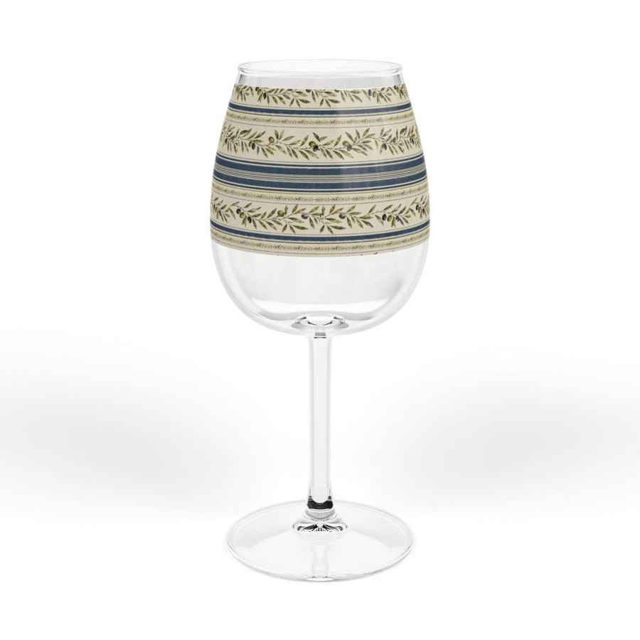 12oz Stemmed Wine Glass with Blue & Olive Laurel Stripe Pattern - Creations by Chris and Carlos