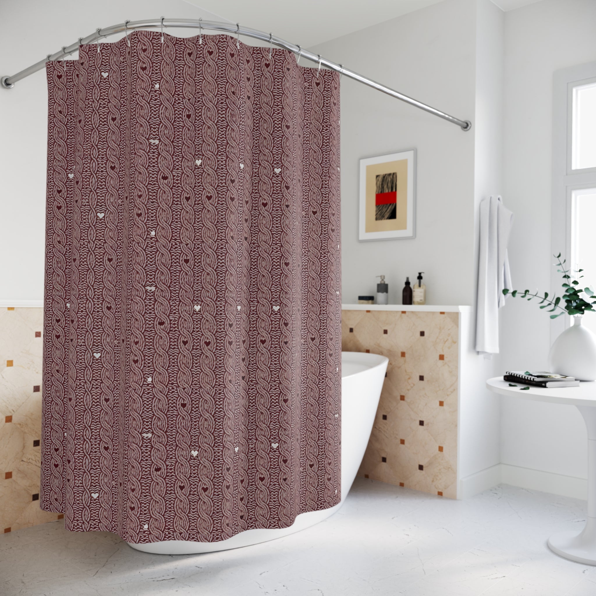 Plumstead Manor Blush Romantic Hearts Shower Curtain — Soft Sweater Knit Look - Creations by Chris and Carlos