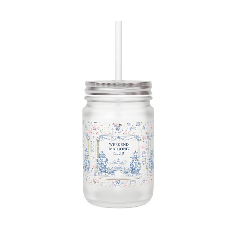 Weekend Mahjong Club Mason Jar Tumbler – Glass Straw Mug with Vintage Blue Graphic