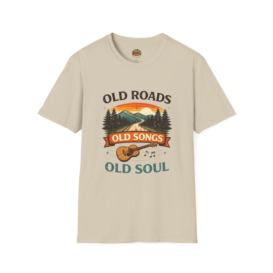 Old Roads Old Songs Old Soul T-Shirt — Vintage Mountain Guitar Retro Tee - Creations by Chris and Carlos