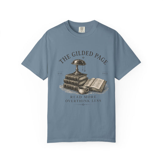 Vintage Book Lovers T‑Shirt — “The Gilded Page: Read More, Overthink Less” - Creations by Chris and Carlos