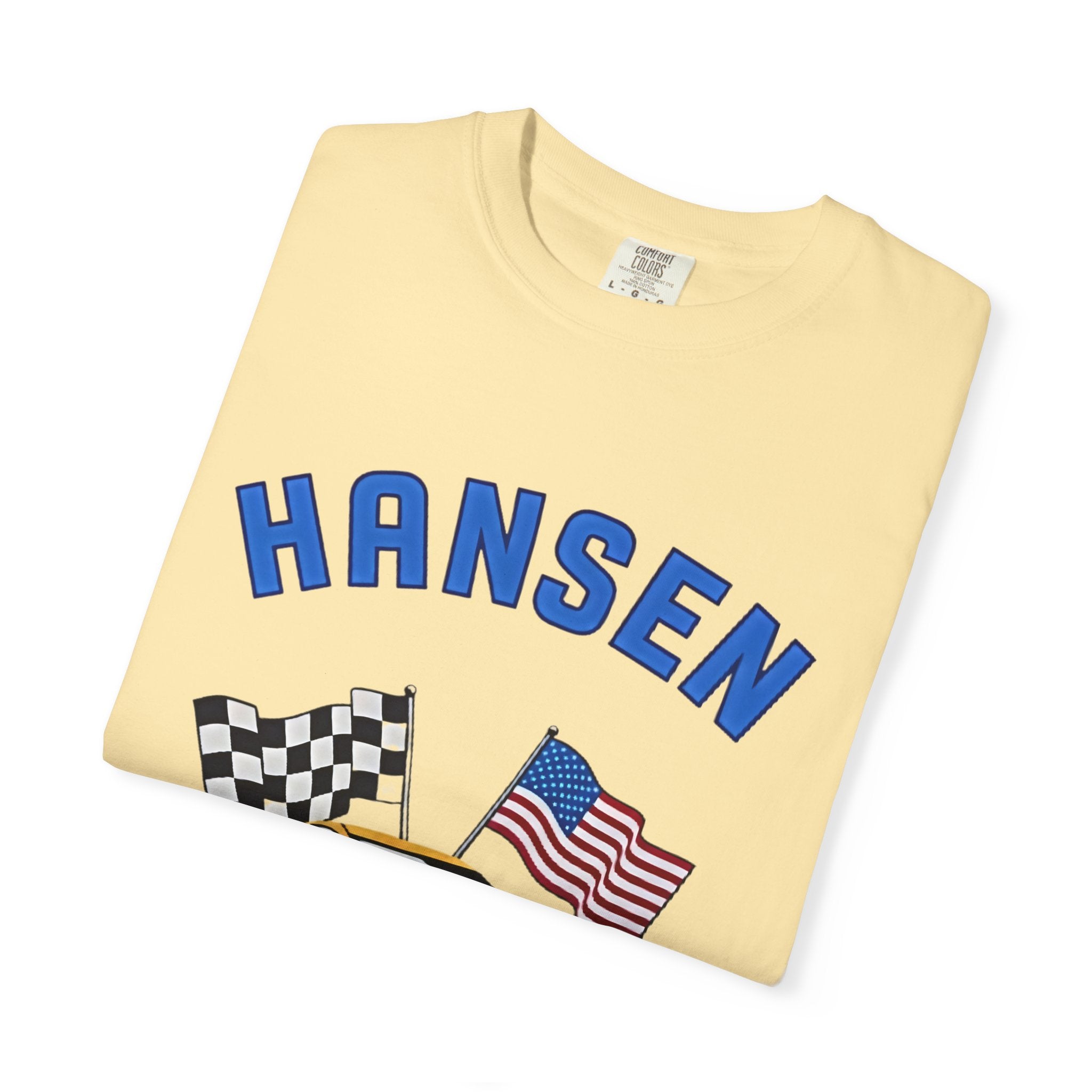 The Pitt TV Show Pit Crew Racing T‑Shirt — 'Hansen' Sports Car with Checkered Flag & American Flag - Creations by Chris and Carlos