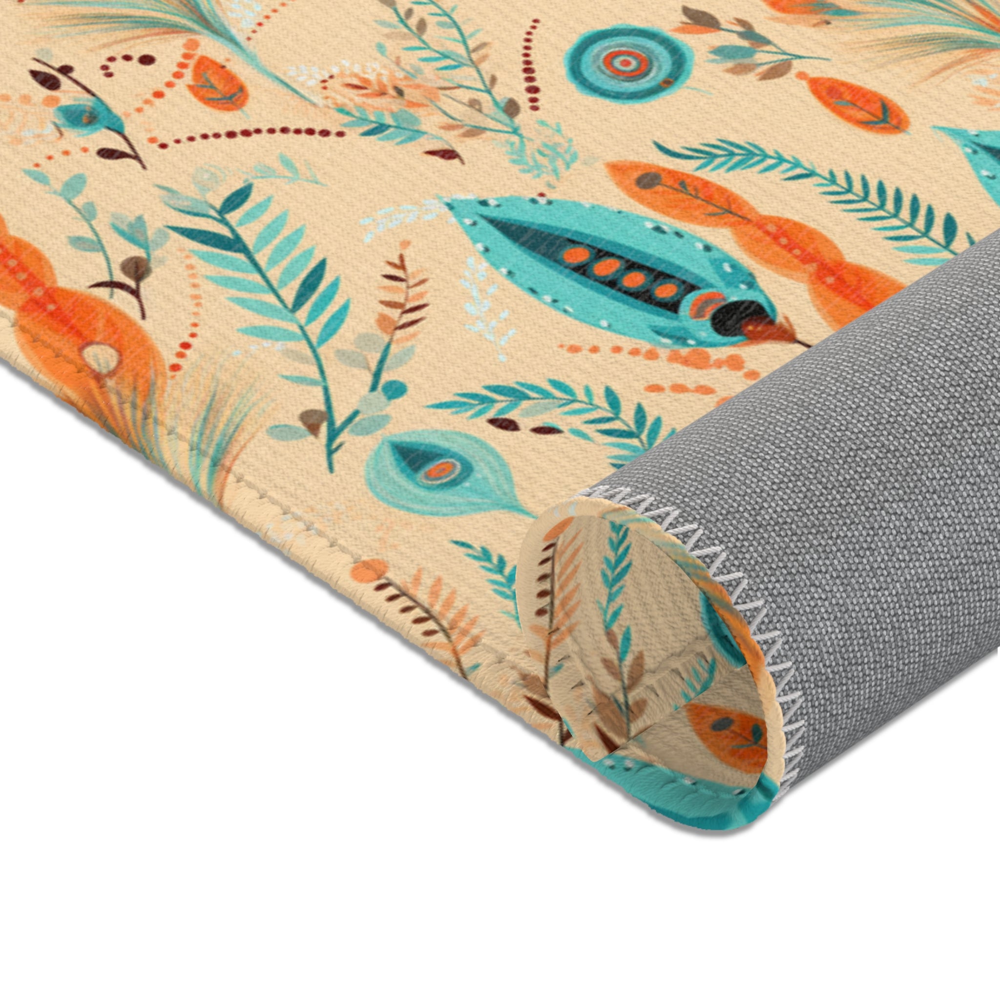 Sol y Alegría (Sun and Joy) Collection- Boho Feather Pattern Area Rug — Turquoise & Coral Accent Rug - Creations by Chris and Carlos