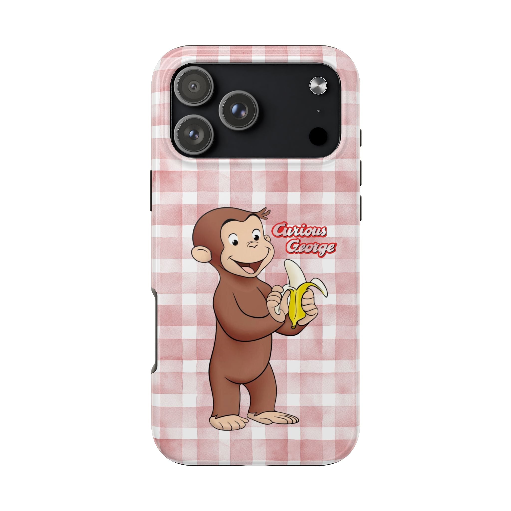 Curious George Banana Tough Phone Case — Cute Kids iPhone Cover, Pink Gingham Protective Case - Creations by Chris and Carlos