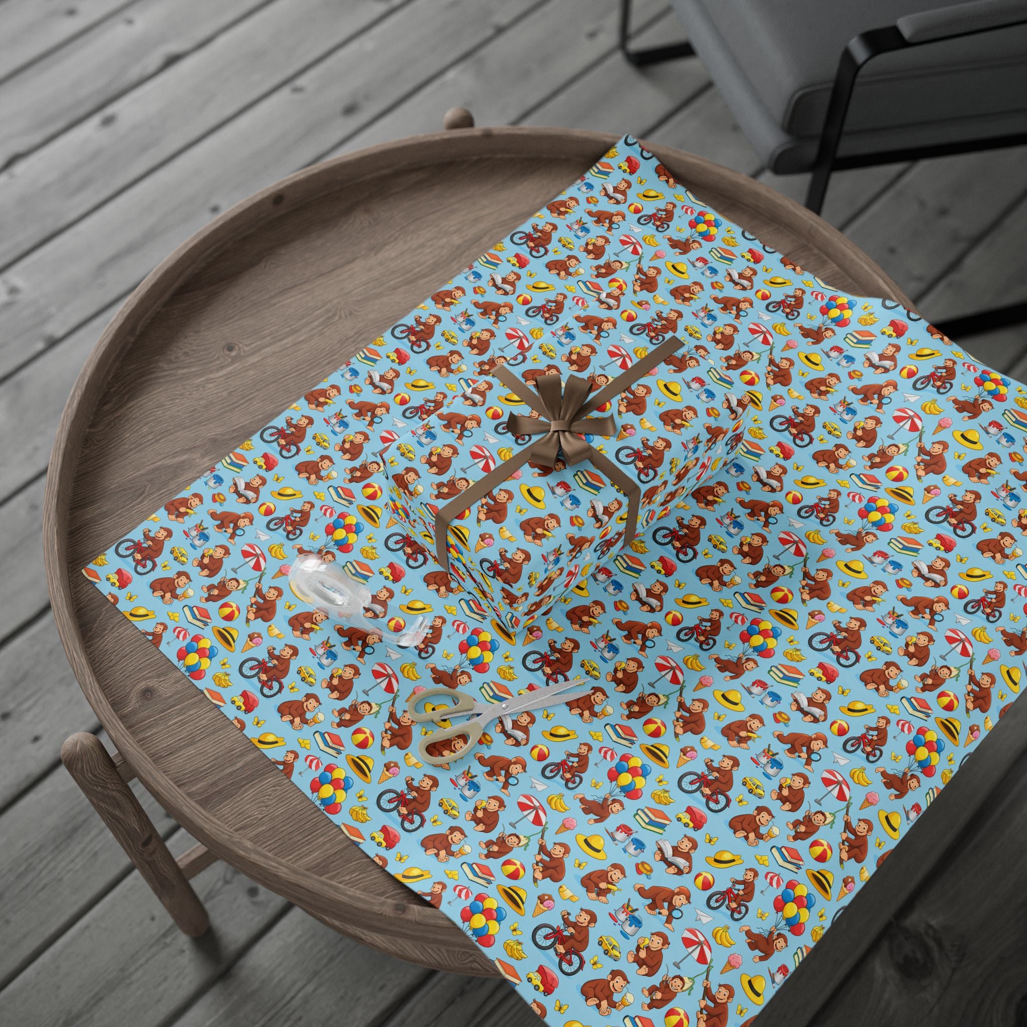 Wrapping Paper Roll — Playful Curious George Monkey Pattern Gift Wrap (Blue) - Creations by Chris and Carlos