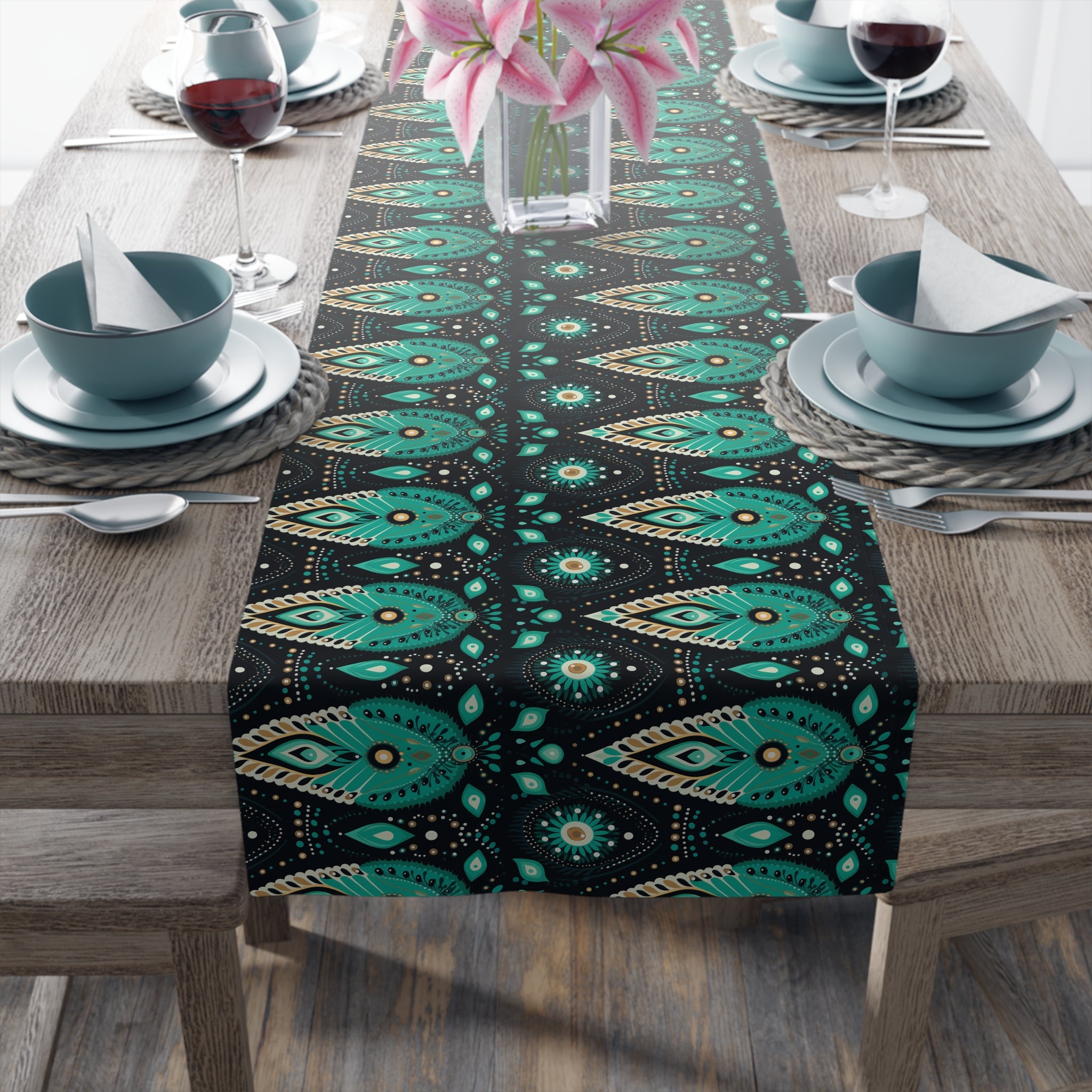 Sol y Alegría (Sun and Joy) Collection- Cactus Succulent Pattern Microfiber Blanket Soft Velveteen Throw for Home & Garden Lovers Teal Paisley Table Runner — Bohemian Floral Dining Decor - Creations by Chris and Carlos