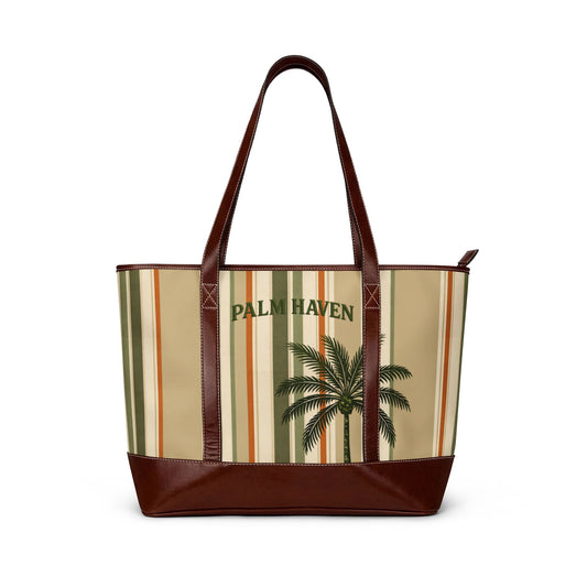 Palm Haven Tote Bag — Retro Striped Palm Beach Handbag - Creations by Chris and Carlos