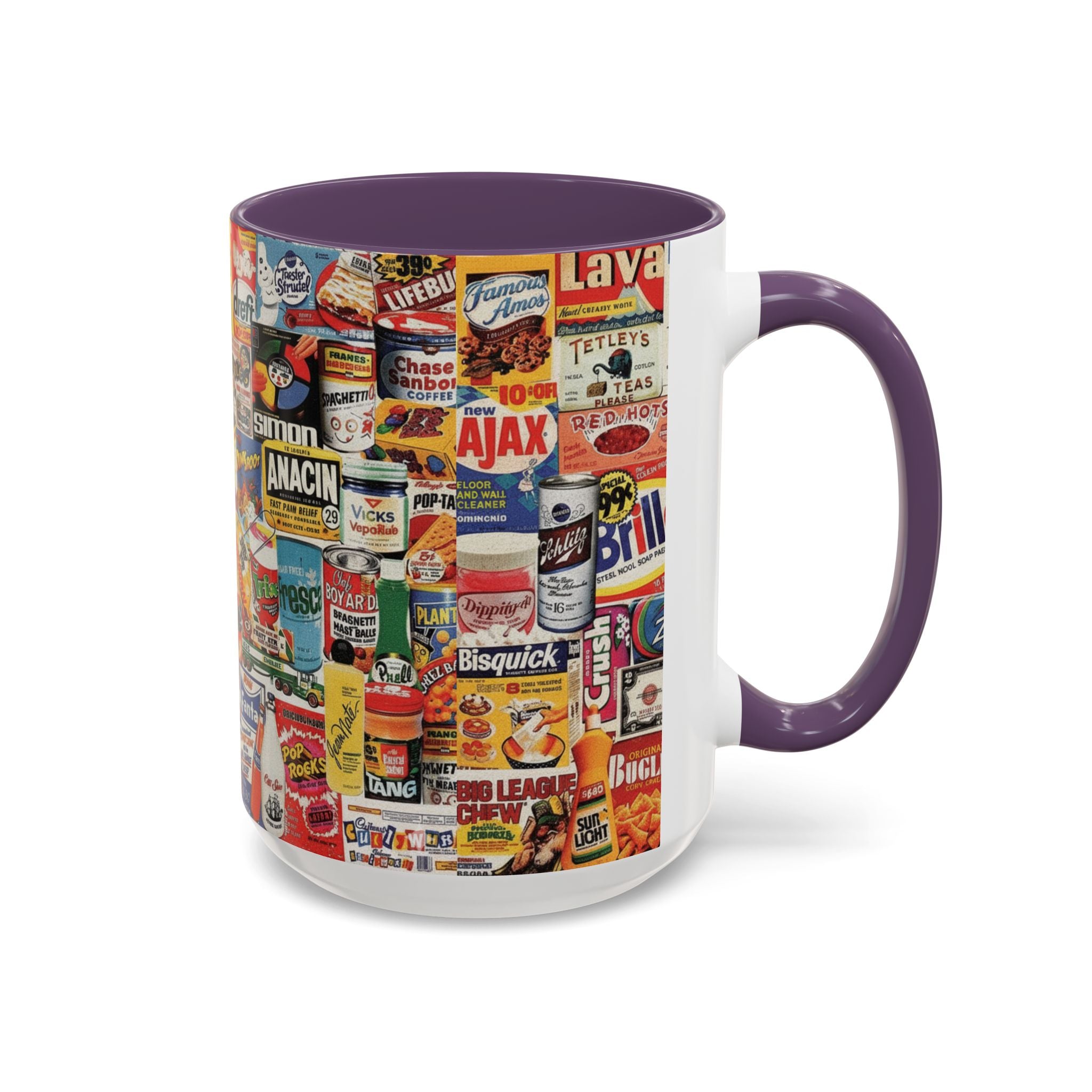 Vintage Retro Ads Coffee Mug — Collage of Classic Brand Labels (11/15oz Accent Mug) - Creations by Chris and Carlos