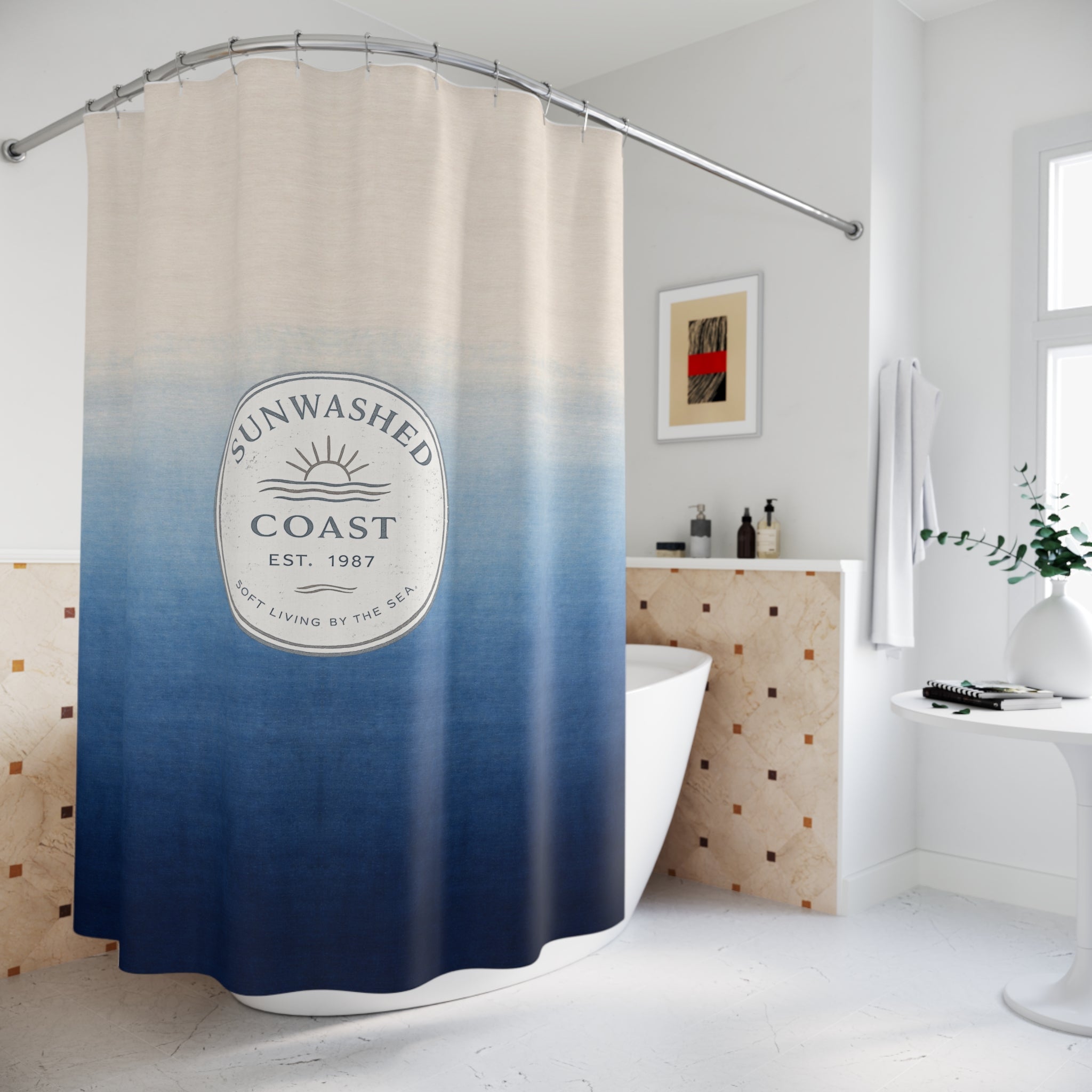 Coastal Sunwashed Shower Curtain — Ombre Blue Beach Vibe, 'Sunwashed Coast' Seal - Creations by Chris and Carlos