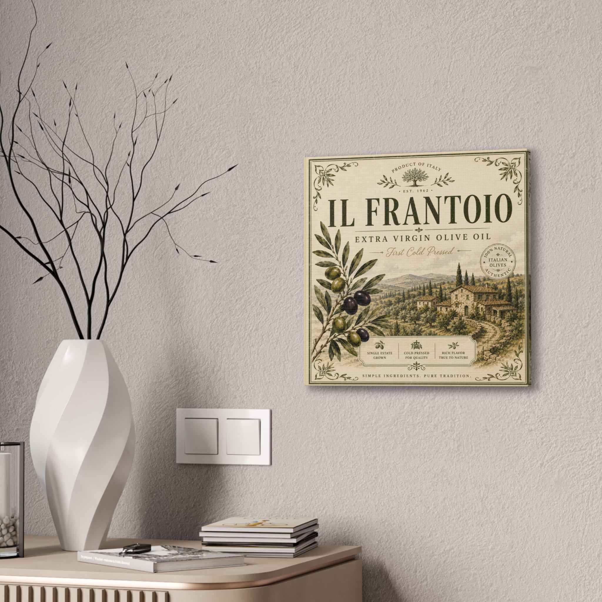Il Frantoio Olive Oil Vintage Canvas Print — Italian Farmhouse Kitchen Wall Art - Creations by Chris and Carlos
