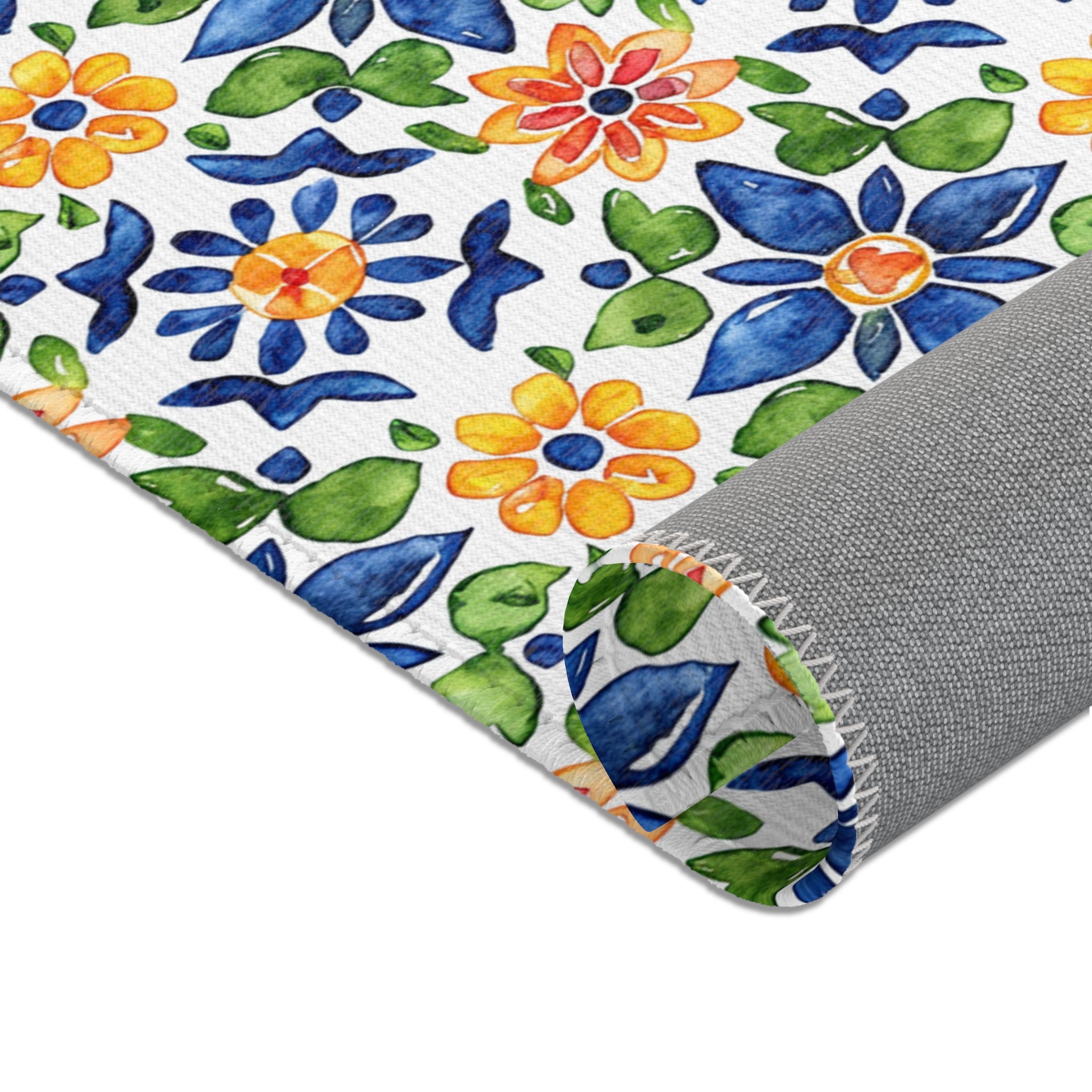 Sol y Alegría (Sun and Joy) Collection- Mediterranean Floral Area Rug — Colorful Blue & Yellow Tile Pattern - Creations by Chris and Carlos