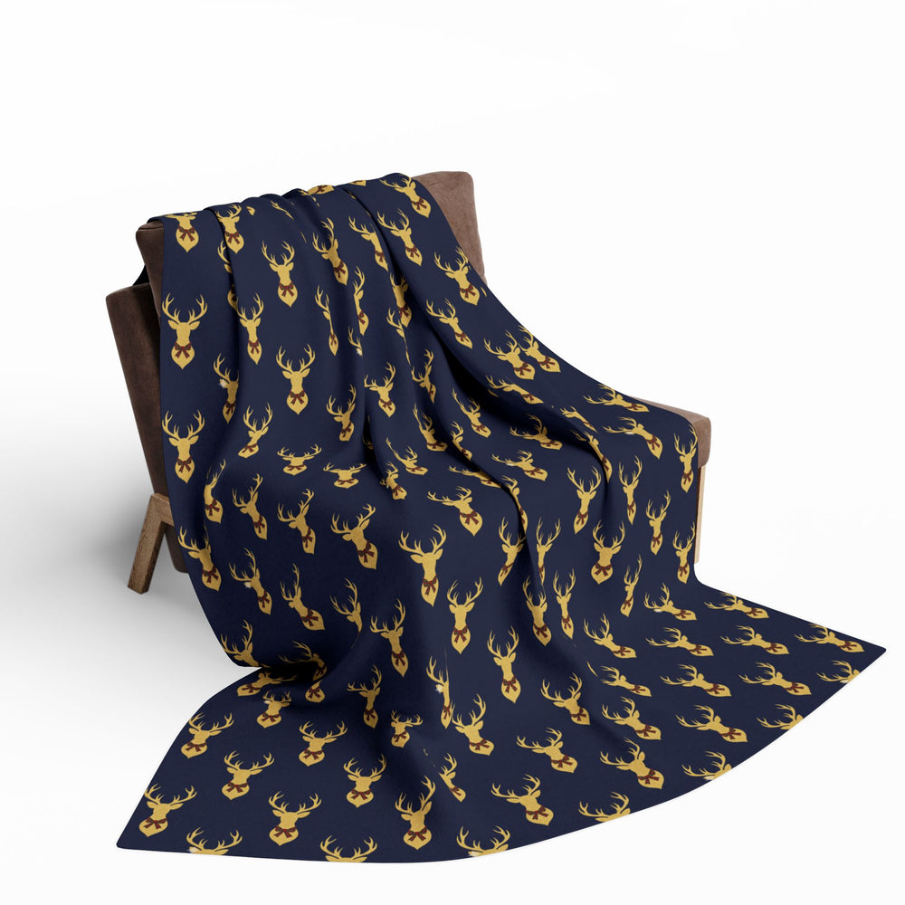 Reindeer Pattern Fleece Blanket — Navy & Gold Holiday Throw