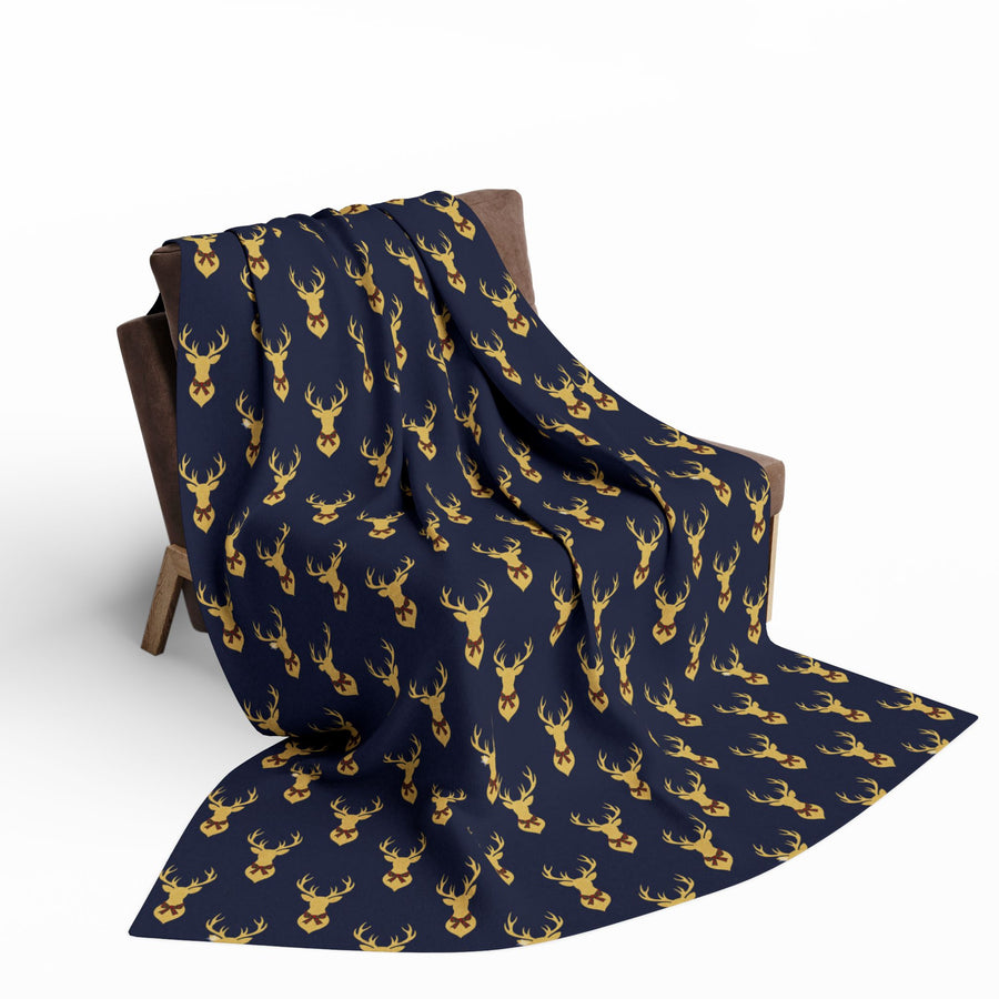 Reindeer Pattern Fleece Blanket — Navy & Gold Holiday Throw