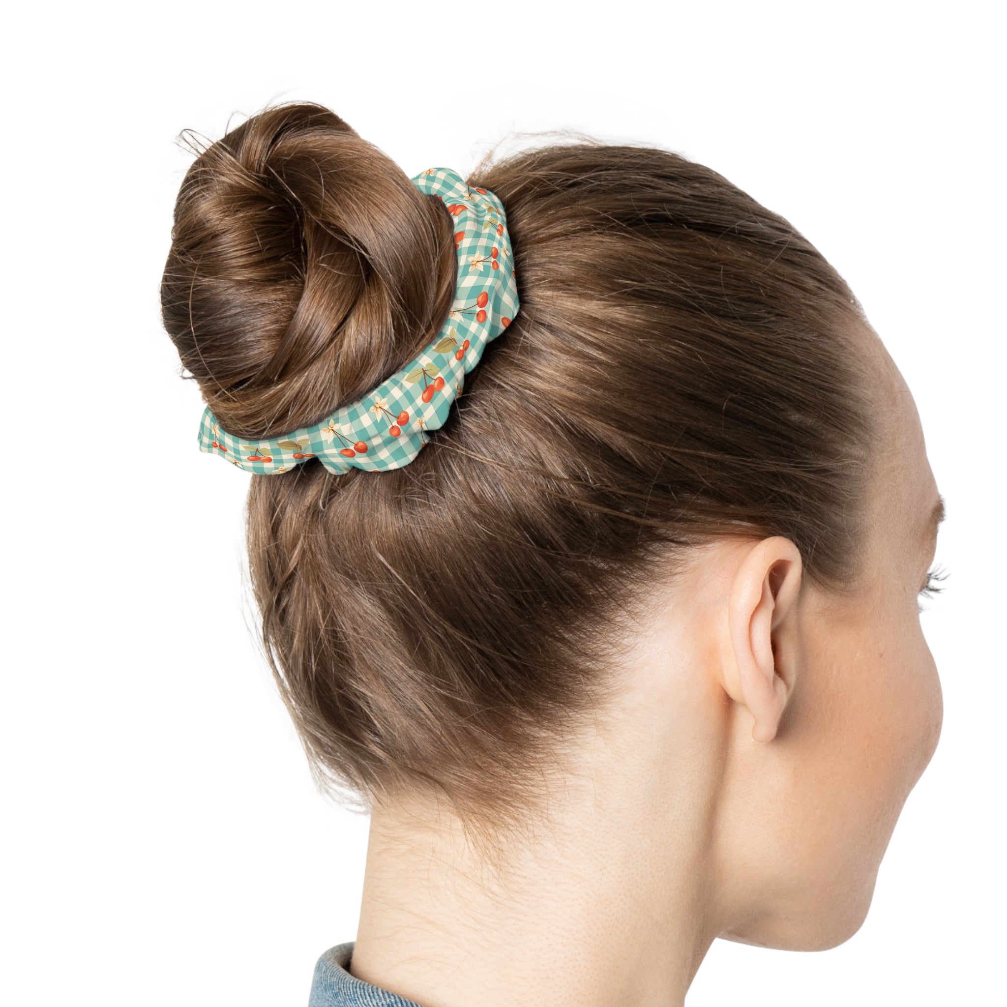 Cherry Gingham Scrunchie — Retro Teal Check Hair Accessory - Creations by Chris and Carlos