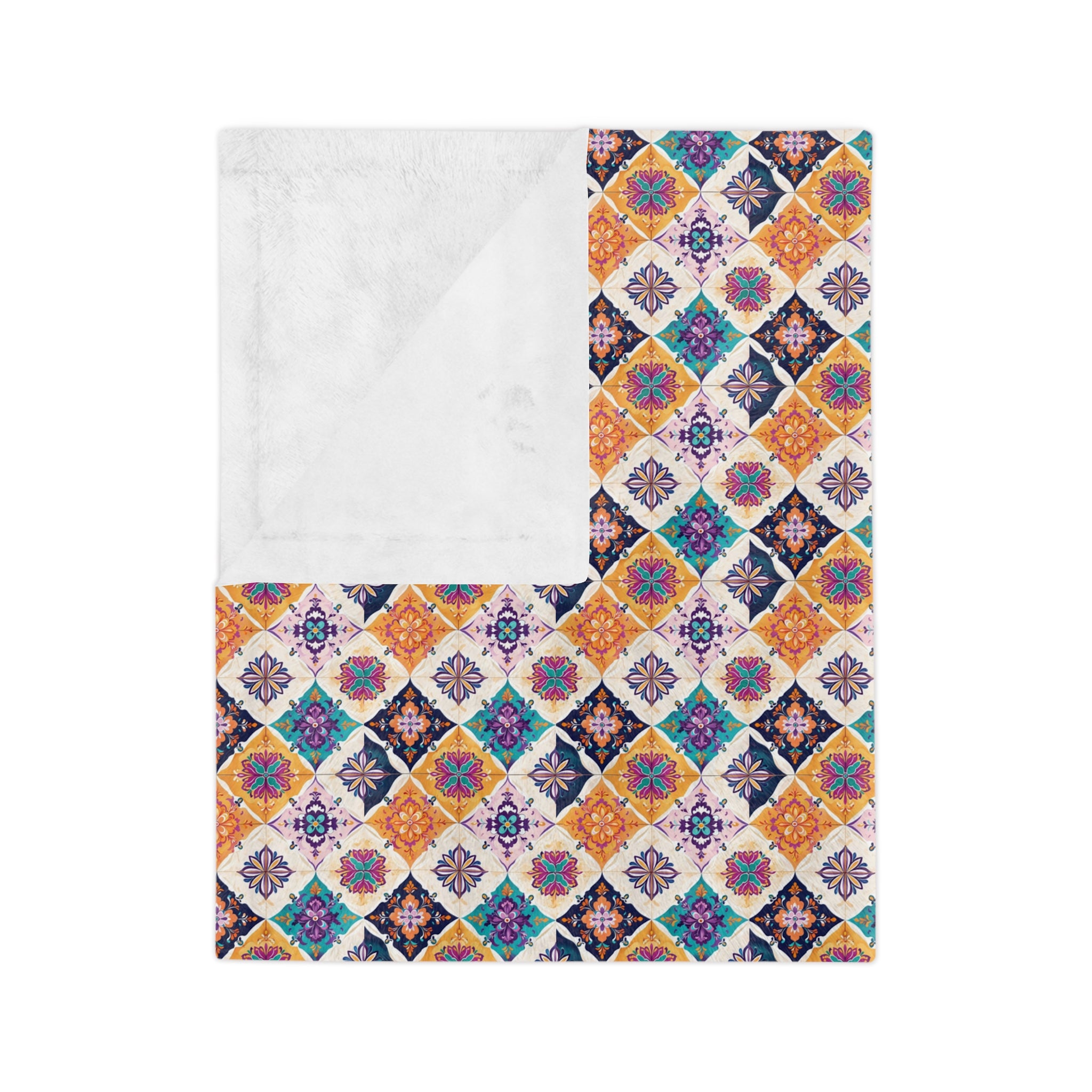Velveteen Microfiber Blanket — Colorful Moroccan Tile Pattern Cozy Throw - Creations by Chris and Carlos