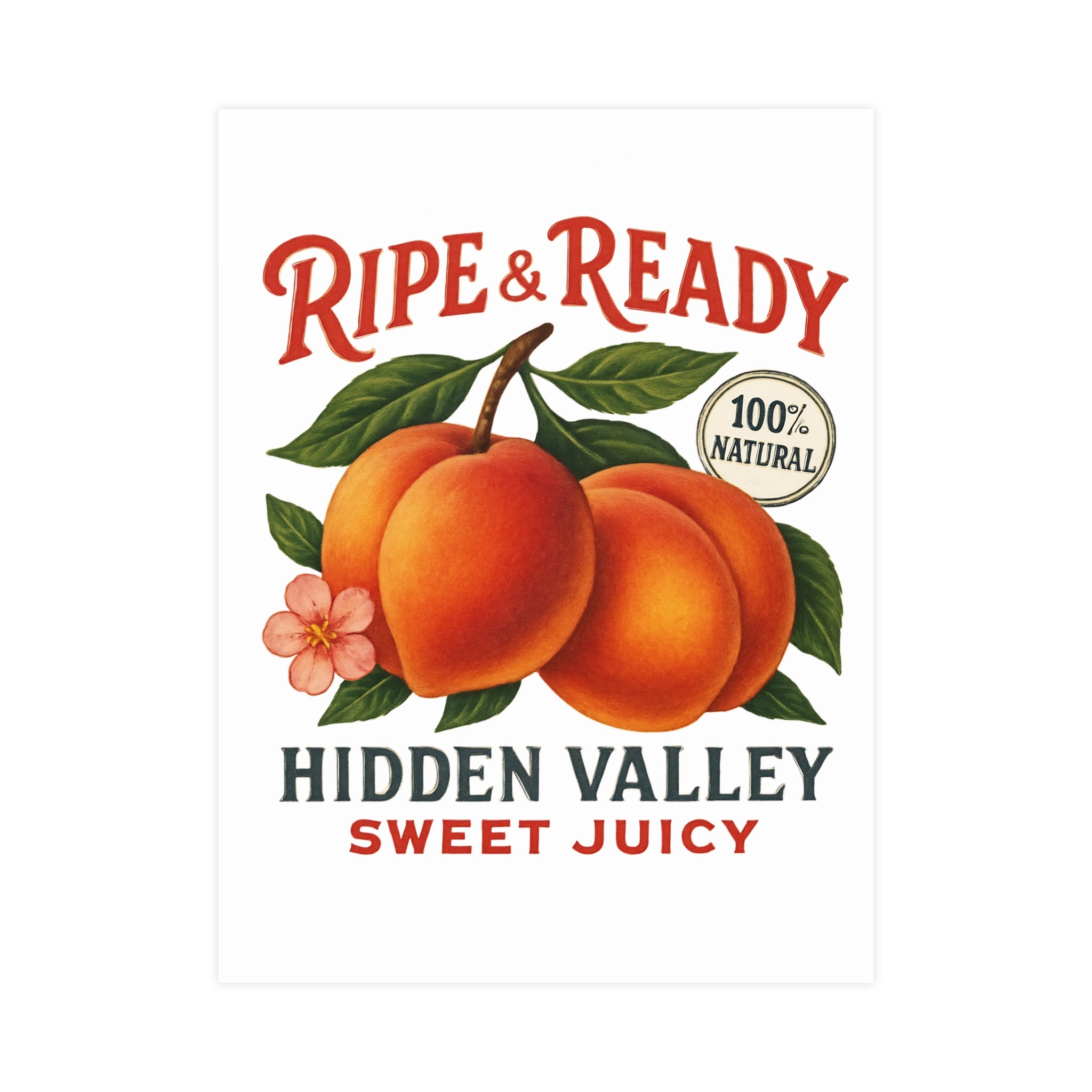 Ripe & Ready Peach Poster — Vintage Fruit Kitchen Wall Art (Hidden Valley, Sweet Juicy) - Creations by Chris and Carlos