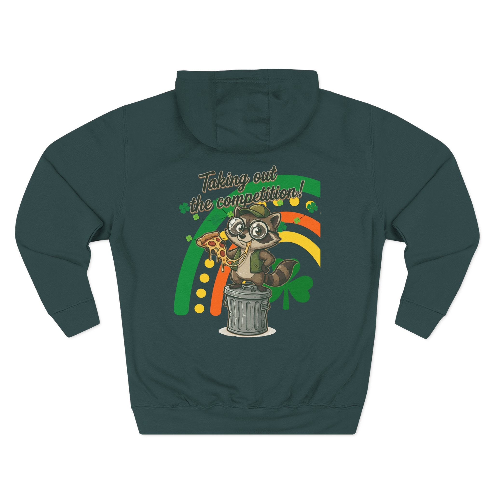 Taking Out the Competition Hoodie — St. Patrick's Raccoon Pizza Graphic - Creations by Chris and Carlos