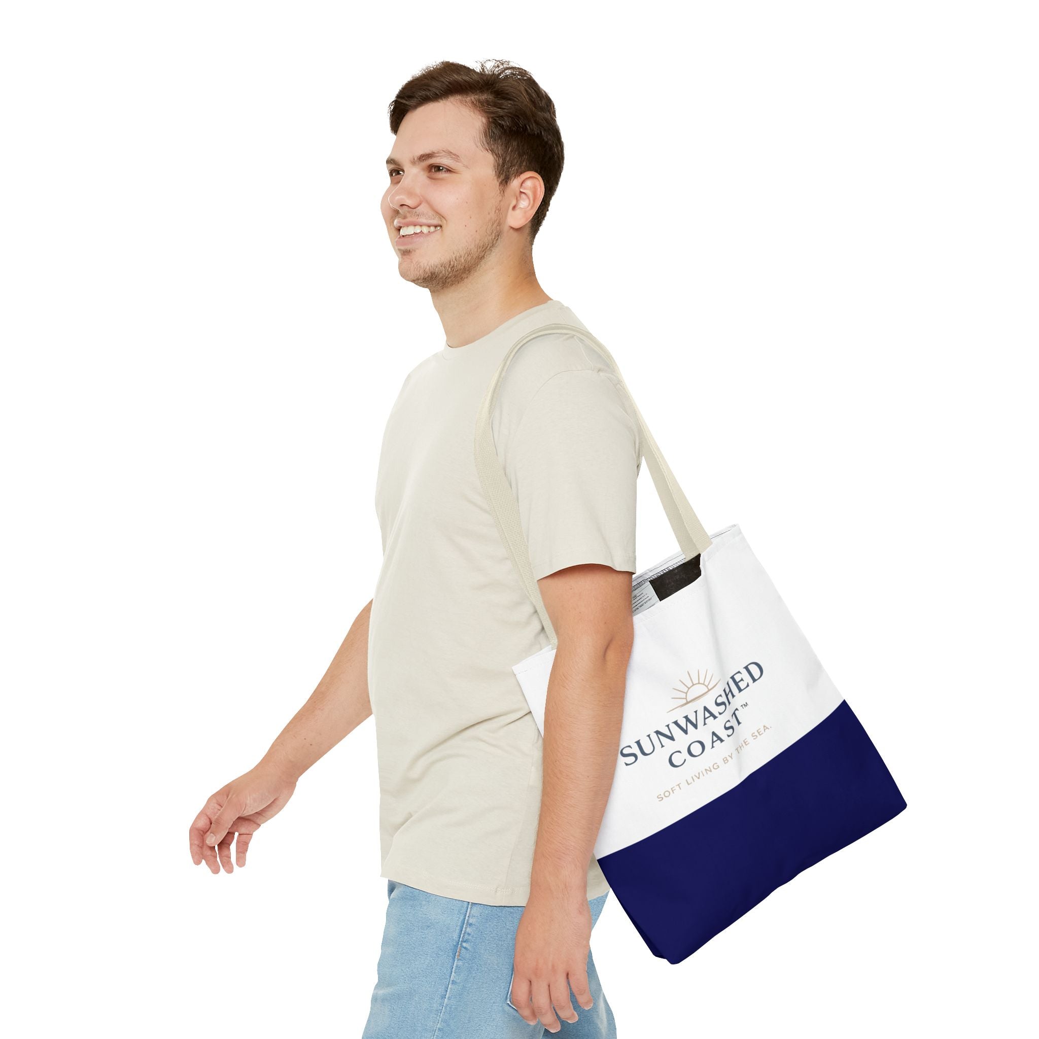 Sunwashed Coast Tote Bag — Coastal Canvas Beach Tote with 'Soft Living by the Sea' Logo - Creations by Chris and Carlos