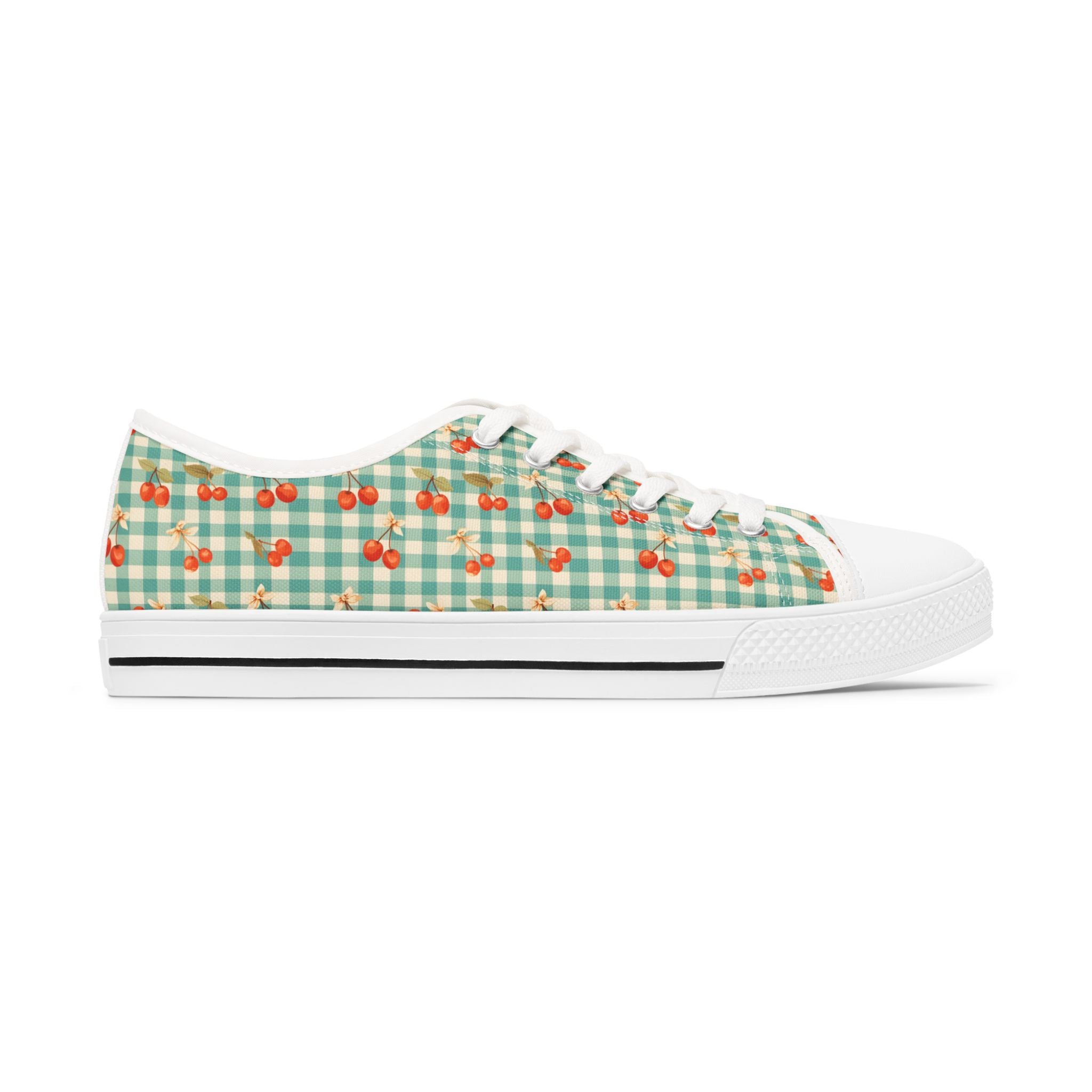 Low Top Sneakers — Mint Gingham with Cherry Print Casual Canvas Shoes - Creations by Chris and Carlos