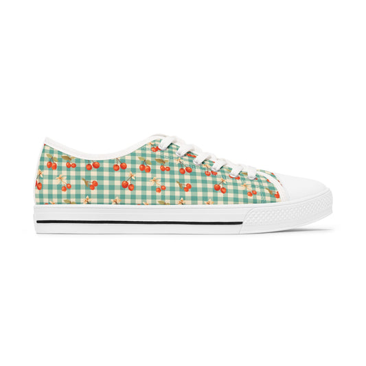Low Top Sneakers — Mint Gingham with Cherry Print Casual Canvas Shoes - Creations by Chris and Carlos