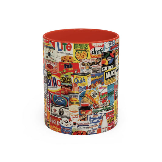 Vintage Retro Ads Coffee Mug — Collage of Classic Brand Labels (11/15oz Accent Mug) - Creations by Chris and Carlos