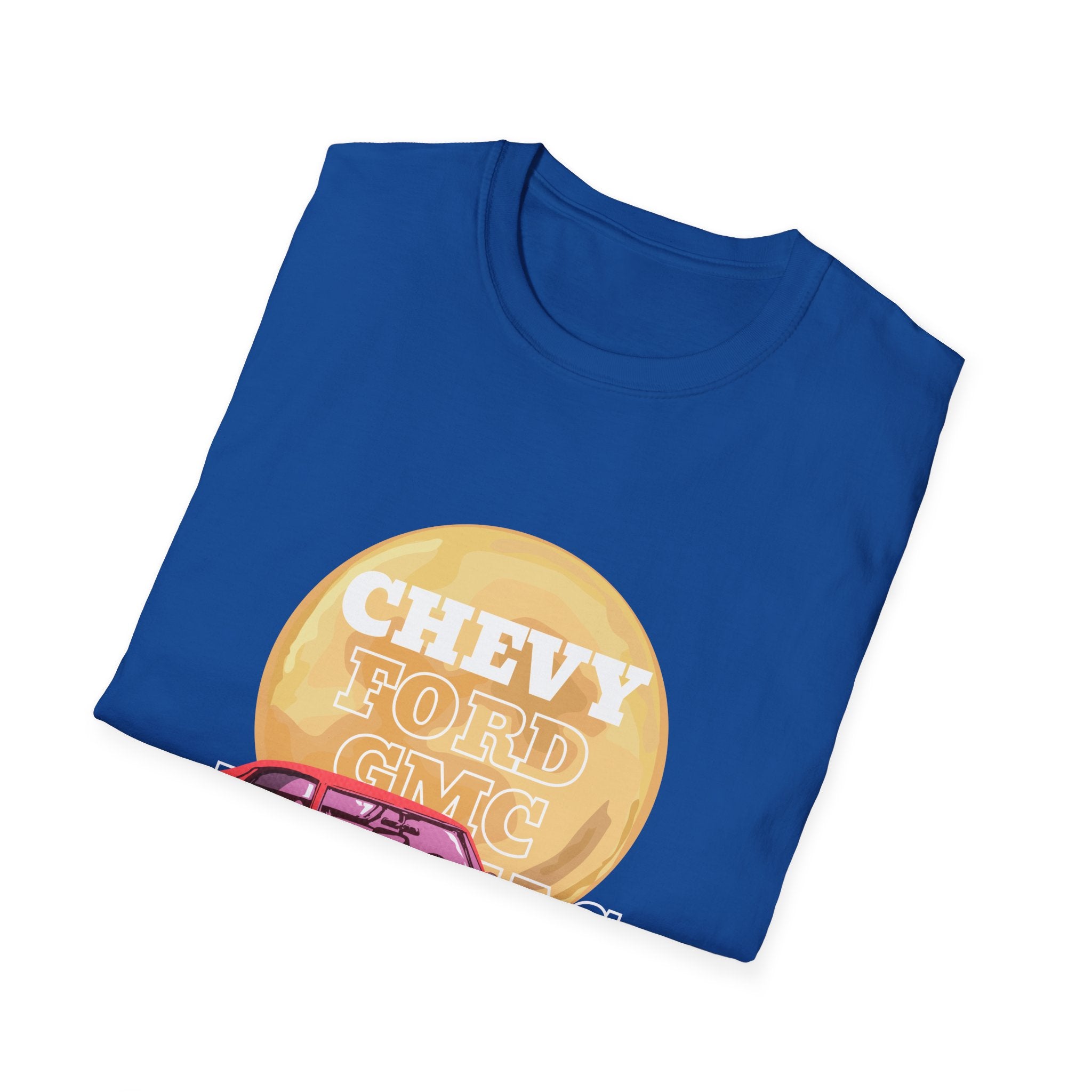 Vintage Muscle Car T-Shirt — "Chevy Ford Come Racing" Retro Red Classic Car Tee - Creations by Chris and Carlos