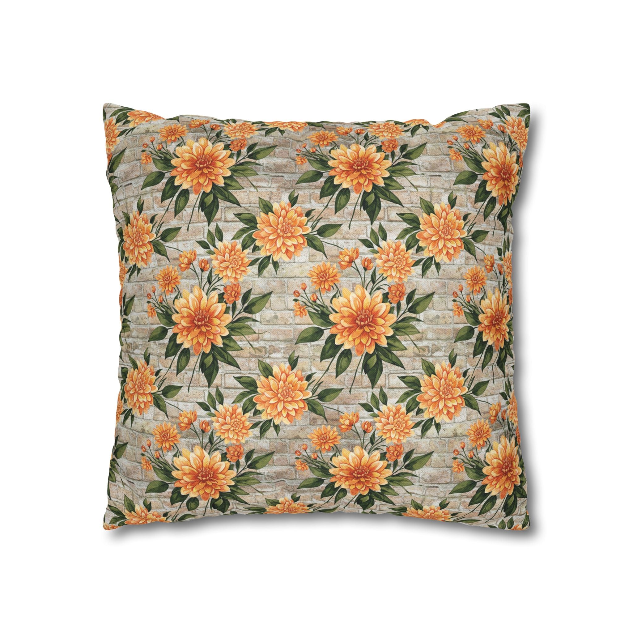 The Artisanal Flora Gallery Floral Sunburst Square Pillowcase — Orange Dahlia Botanical Throw Pillow Cover - Creations by Chris and Carlos