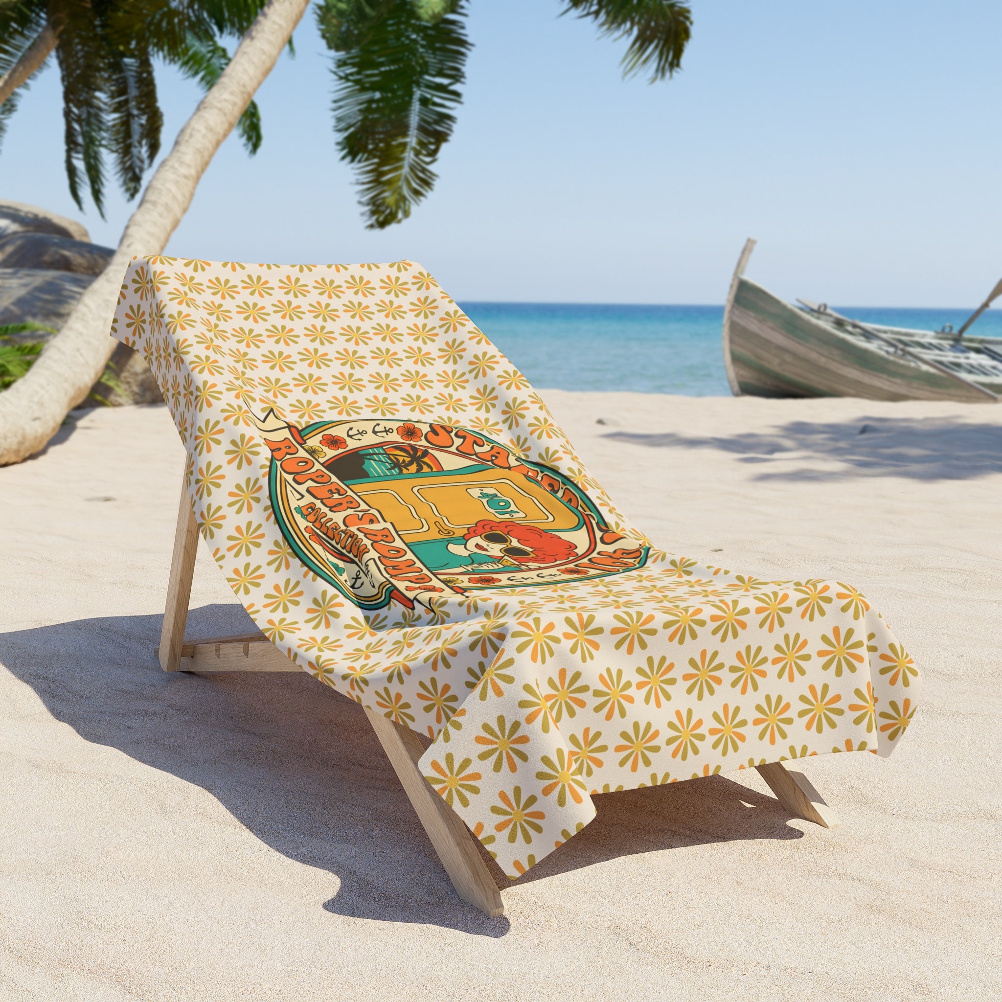 Stateroom 401 Roper's Romp Collection-Retro Surf Beach Towel — Sunflower Pattern with 'Salted Room 101' Graphic - Creations by Chris and Carlos
