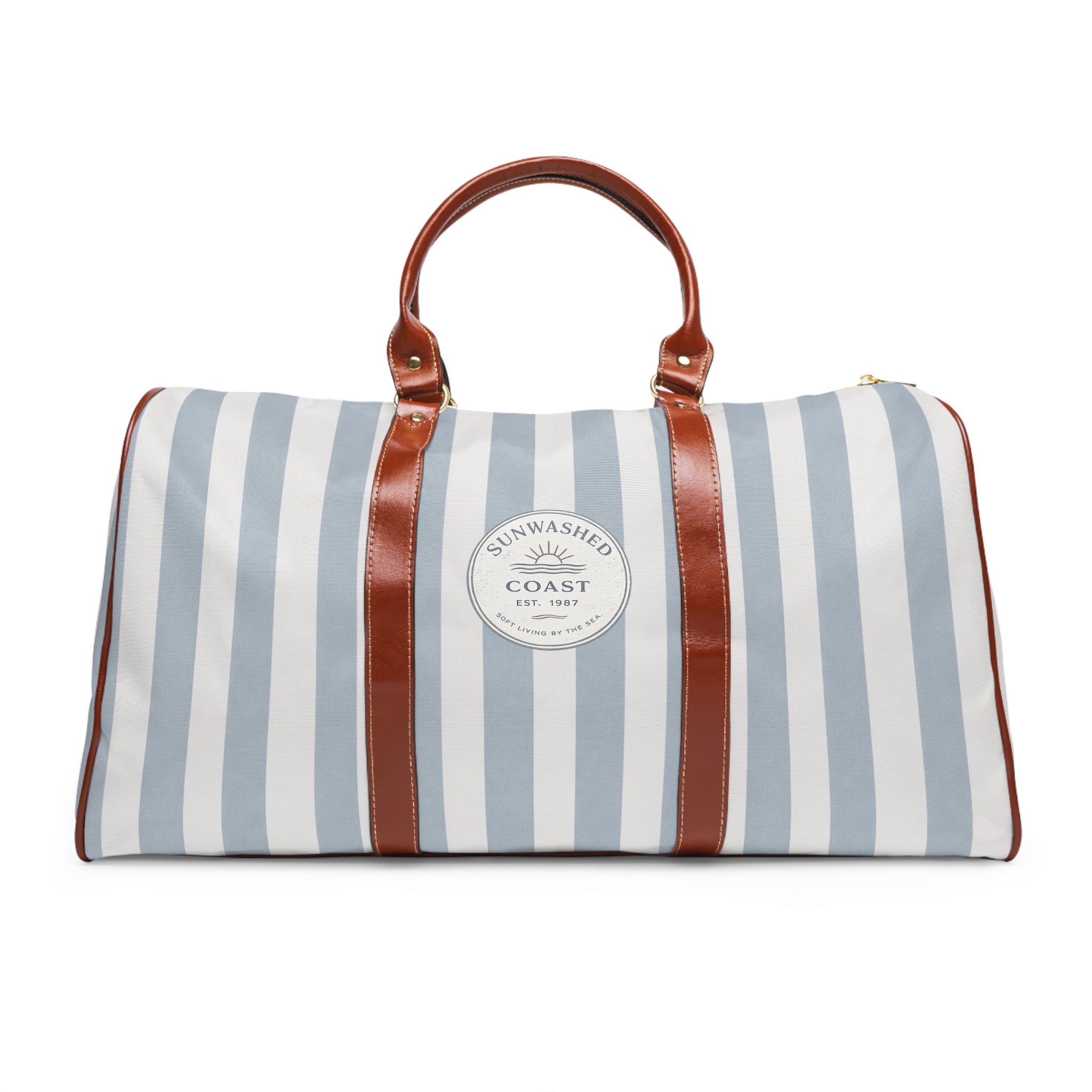 Striped Waterproof Travel Duffle Bag — Coastal "Sunwashed Coast" Patch - Creations by Chris and Carlos