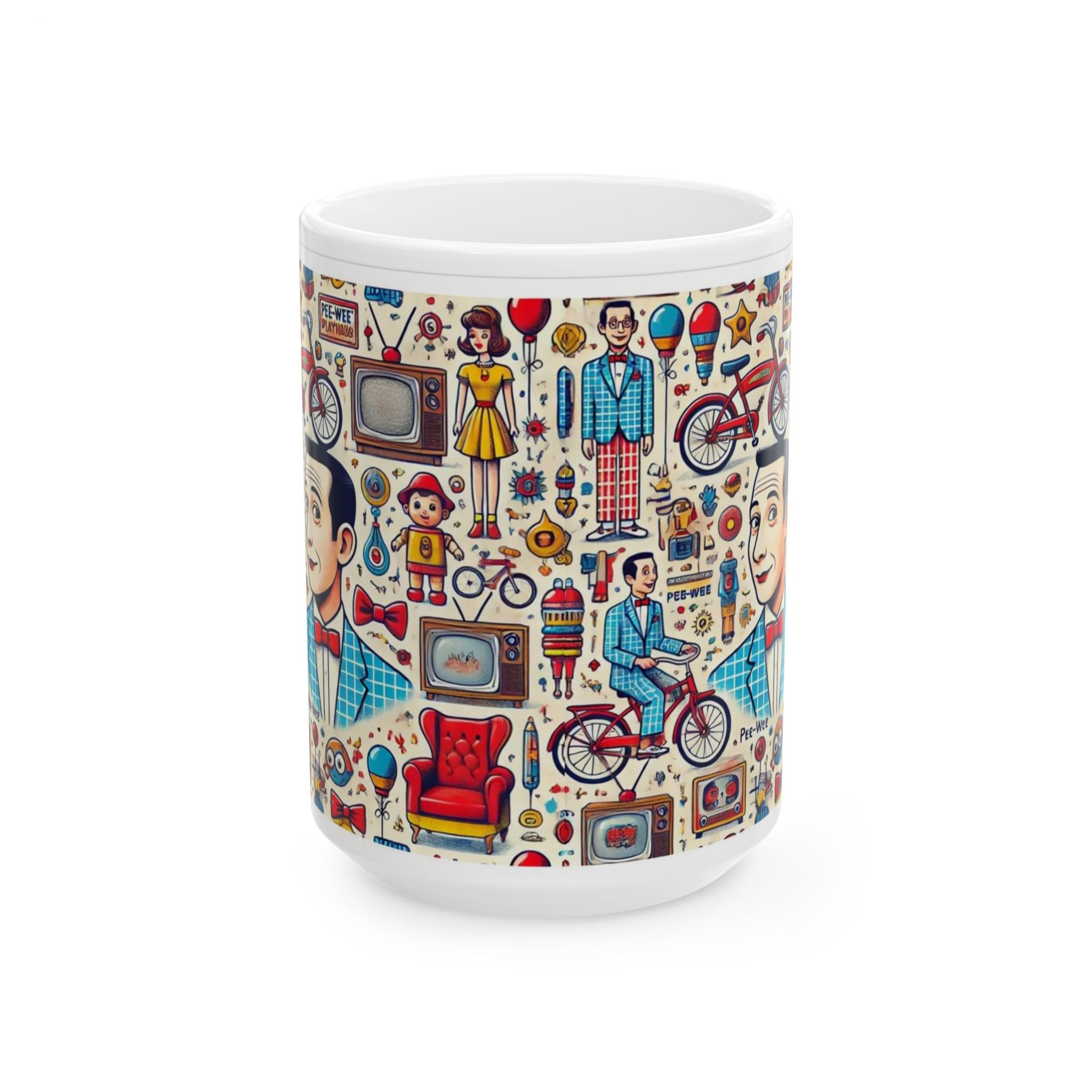Retro Pattern Ceramic Mug — Pee Wee Herman Vintage TV, Bicycle & 1950s Family Illustration (11oz/15oz) - Creations by Chris and Carlos