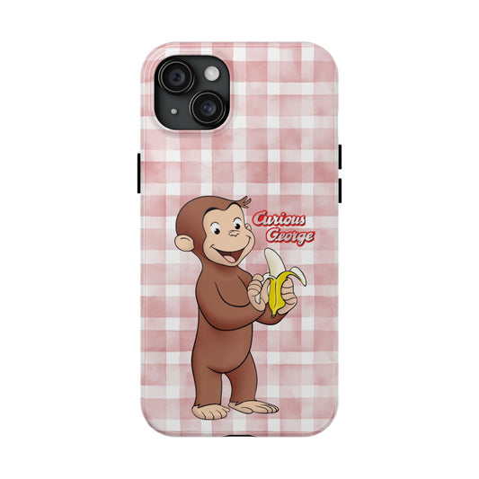 Curious George Banana Tough Phone Case — Cute Kids iPhone Cover, Pink Gingham Protective Case - Creations by Chris and Carlos