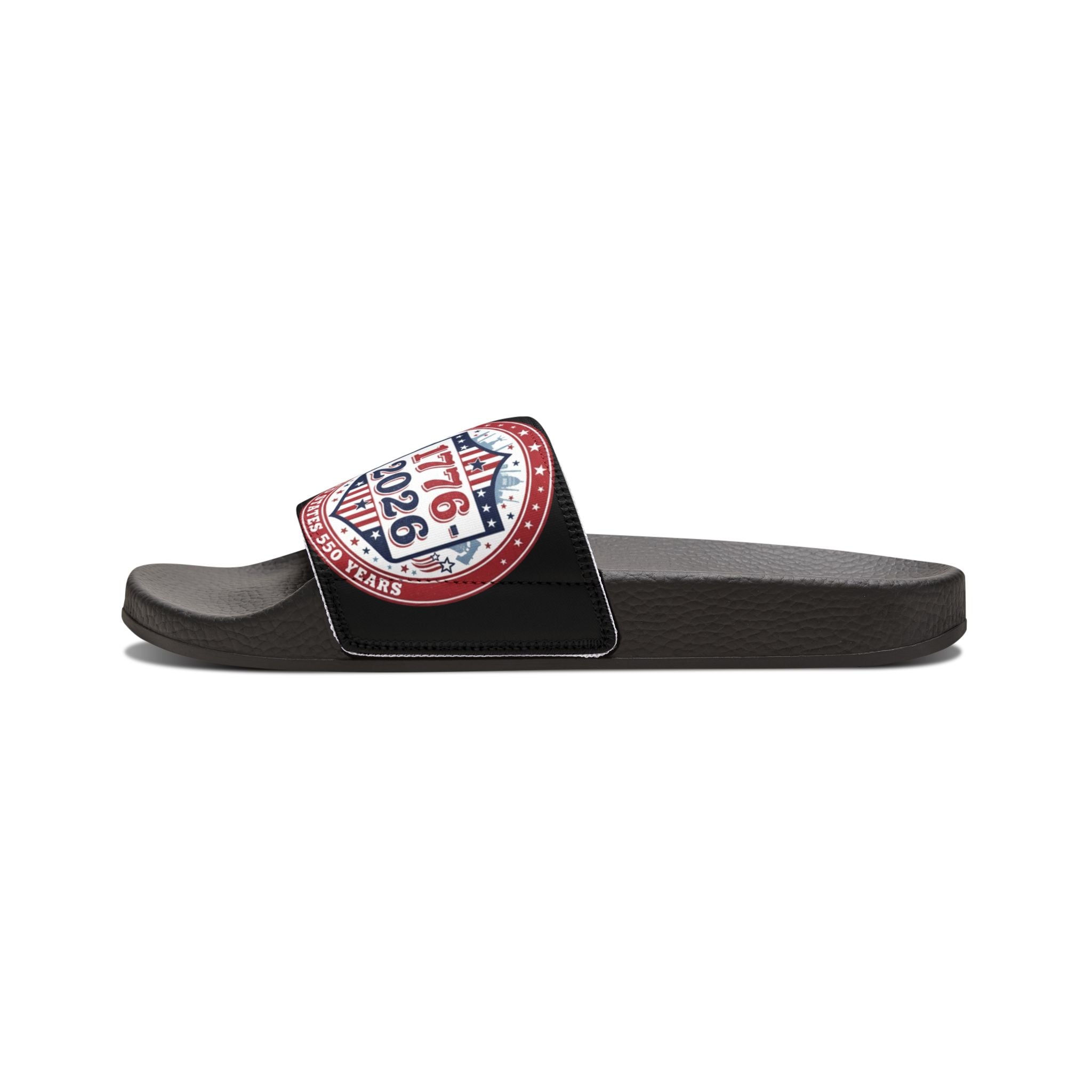Slide Sandals — Patriotic 1776–2026 Badge Adjustable Strap Slides - Creations by Chris and Carlos