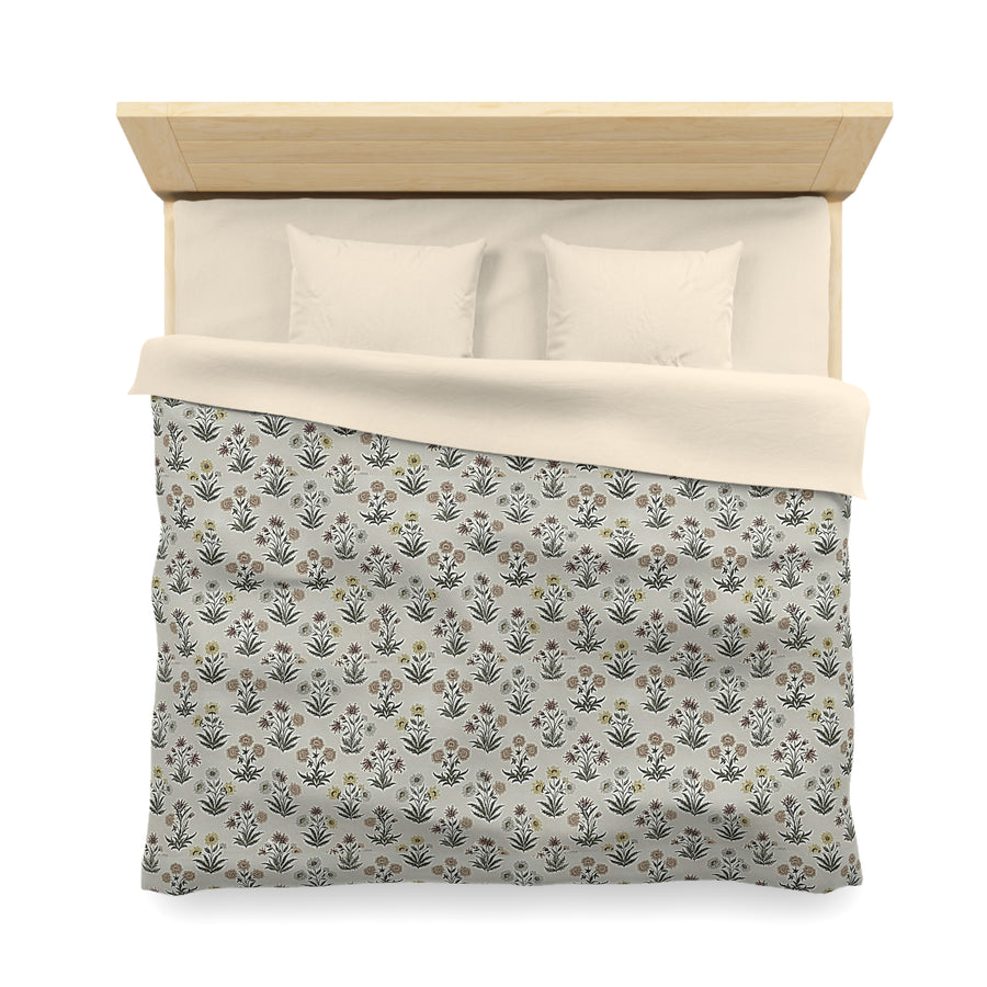 Briarwood Garden Floral Folk Pattern Duvet Cover — Neutral Microfiber Bedding