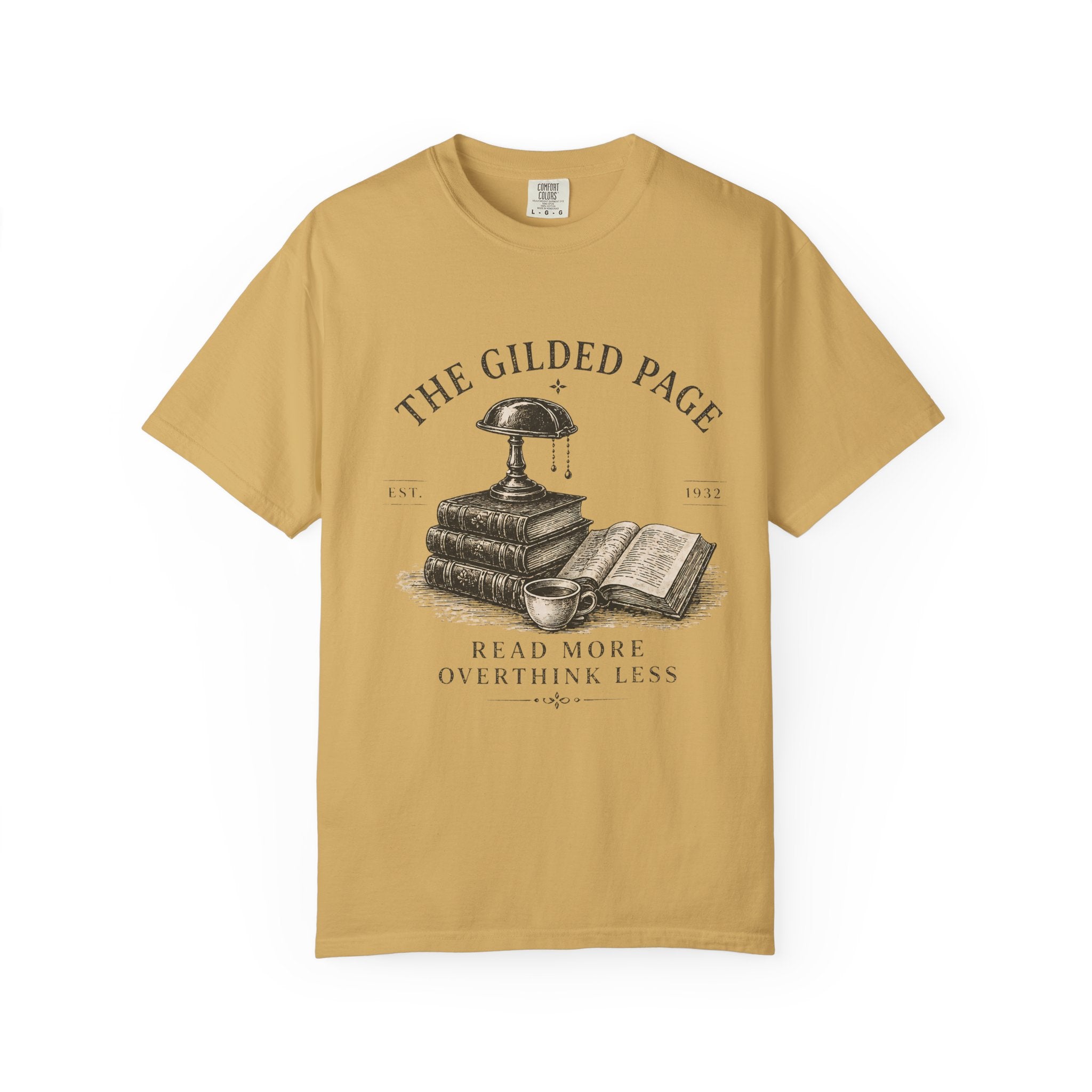Vintage Book Lovers T‑Shirt — “The Gilded Page: Read More, Overthink Less” - Creations by Chris and Carlos