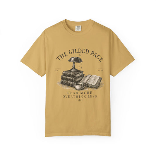 Vintage Book Lovers T‑Shirt — “The Gilded Page: Read More, Overthink Less” - Creations by Chris and Carlos