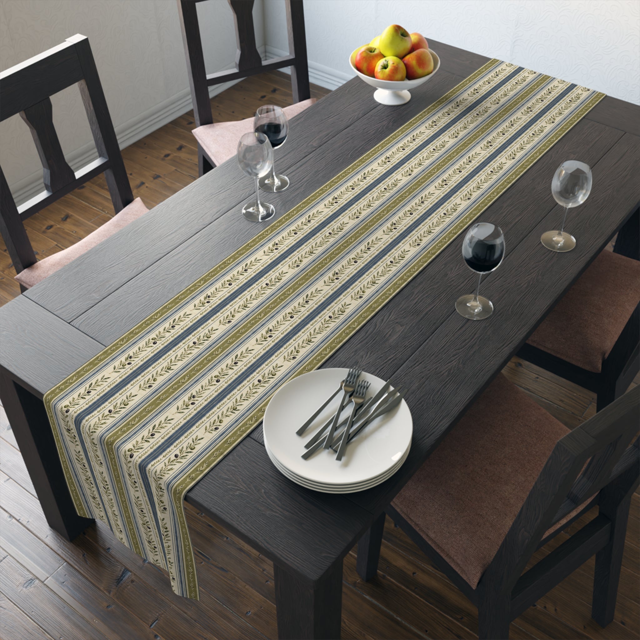 Country Stripe Table Runner — Olive & Blue Floral Border - Creations by Chris and Carlos