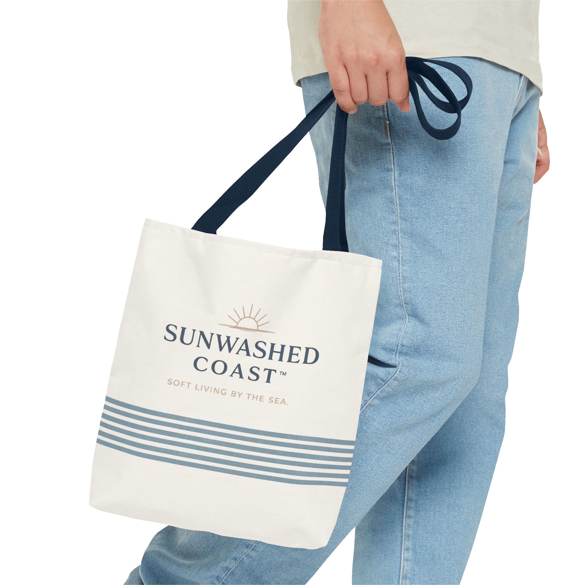 Sunwashed Coast Tote Bag – Coastal Striped Beach Canvas Tote (“Sunwashed Coast” Logo) - Creations by Chris and Carlos