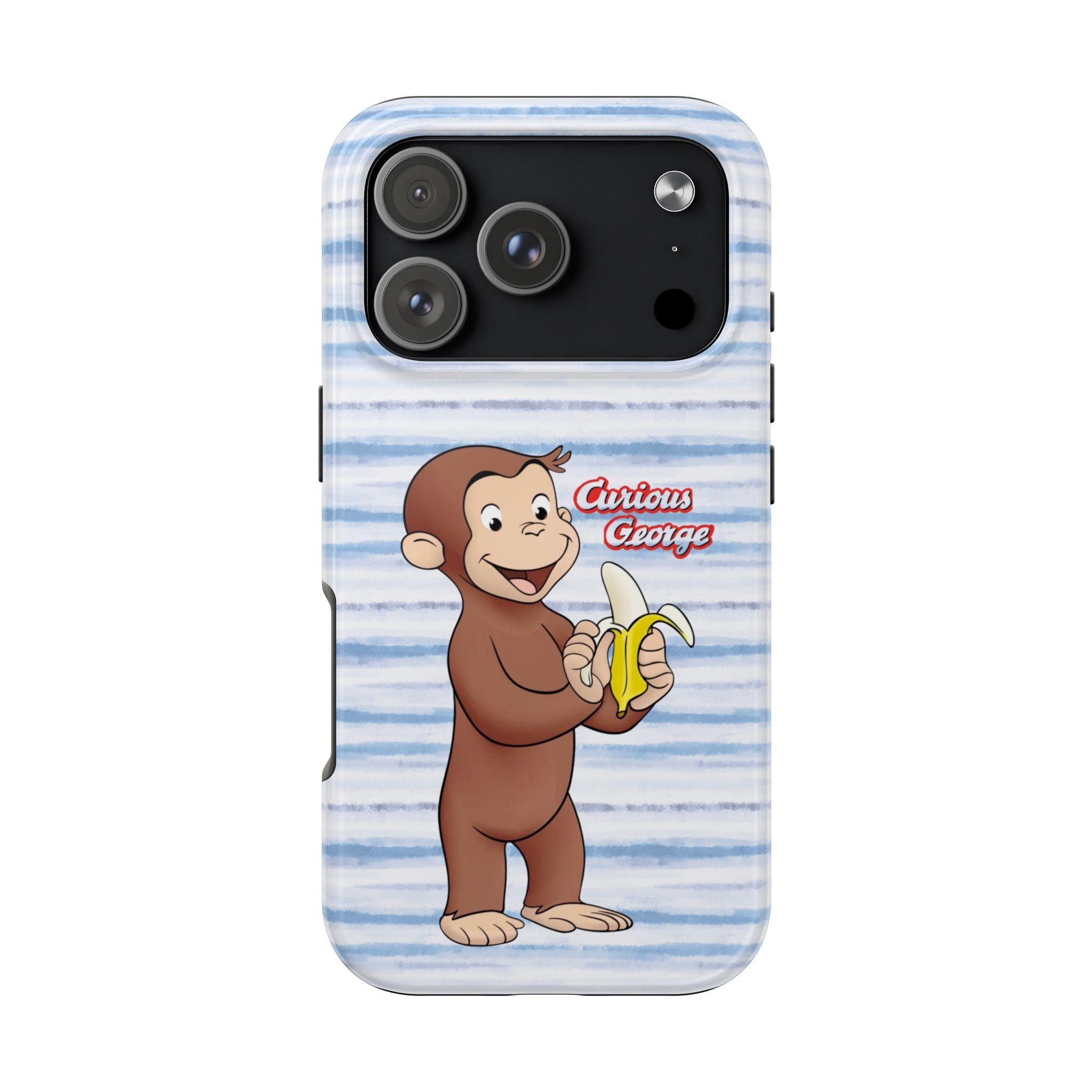 Curious George Banana Tough Phone Case — Cute Kids iPhone Cover, Blue Stripe Protective Case - Creations by Chris and Carlos