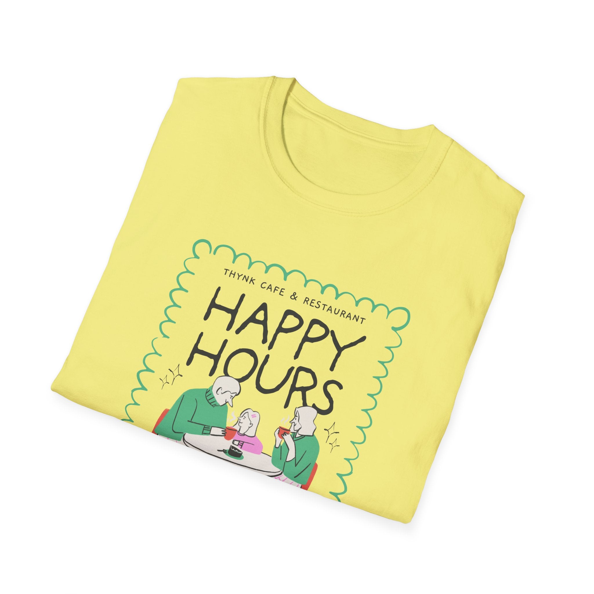 Happy Hours T-Shirt — Illustration of Friends Drinking at Cafe - Creations by Chris and Carlos