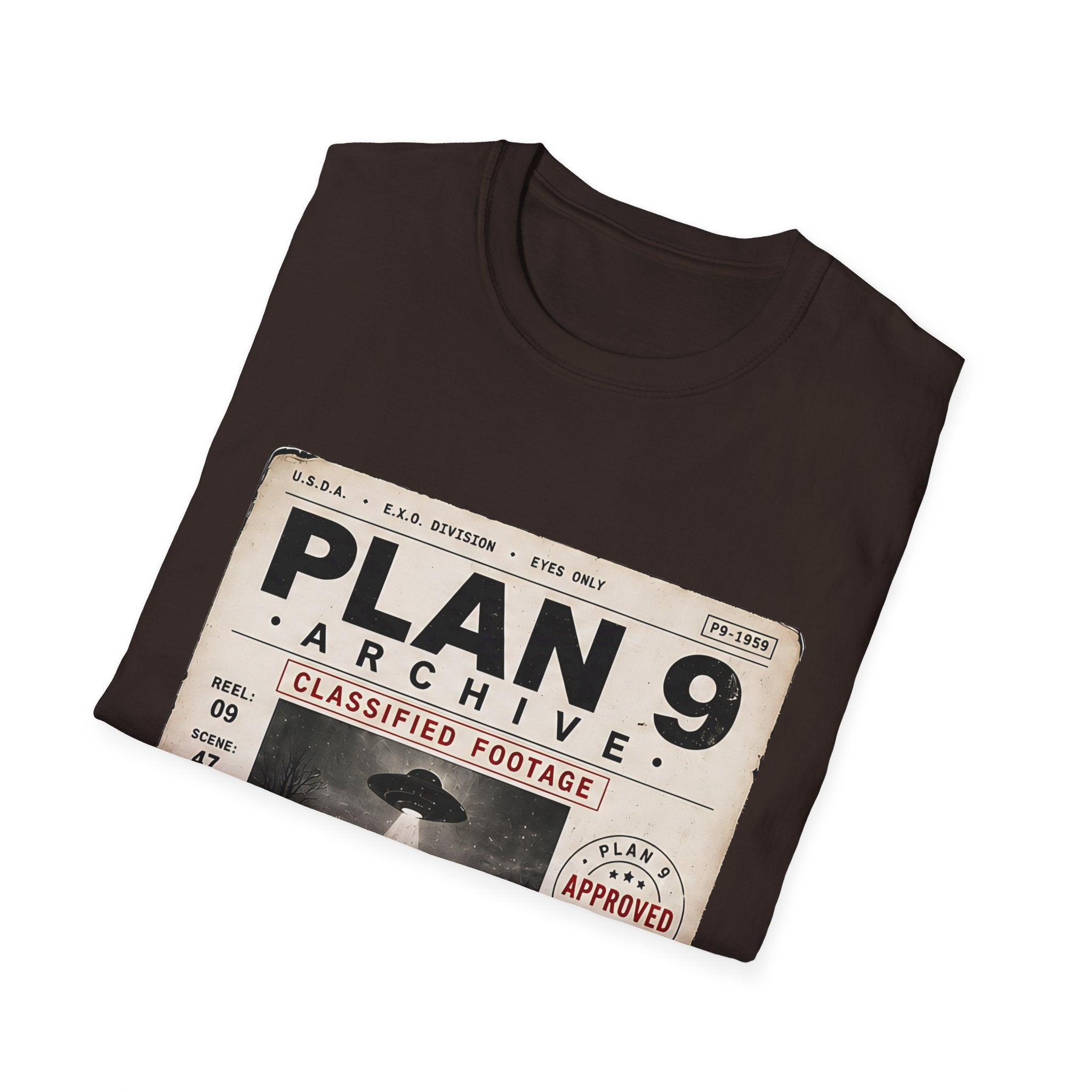 Plan 9 Archive UFO T-Shirt — Retro 'Classified Footage' Alien Badge Tee - Creations by Chris and Carlos