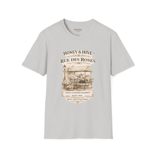Rue des Roses Floral Market T-Shirt – Honey & Hive Vintage Garden Tee - Creations by Chris and Carlos