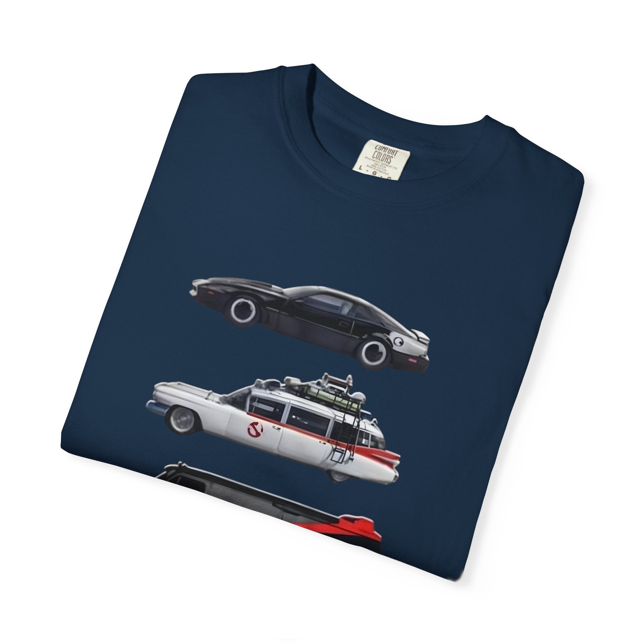 Classic TV Movie Car Stack T-Shirt — KITT, Ghostbusters, A-Team & DeLorean Tribute - Creations by Chris and Carlos
