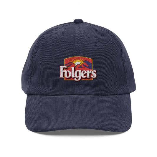 Folgers Coffee Vintage Corduroy Cap — Embroidered Retro Logo Dad Hat - Creations by Chris and Carlos