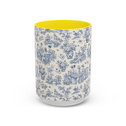 Blue Toile Accent Coffee Mug — Vintage Tea Party Pattern, Pink Interior (11/15 oz) - Creations by Chris and Carlos