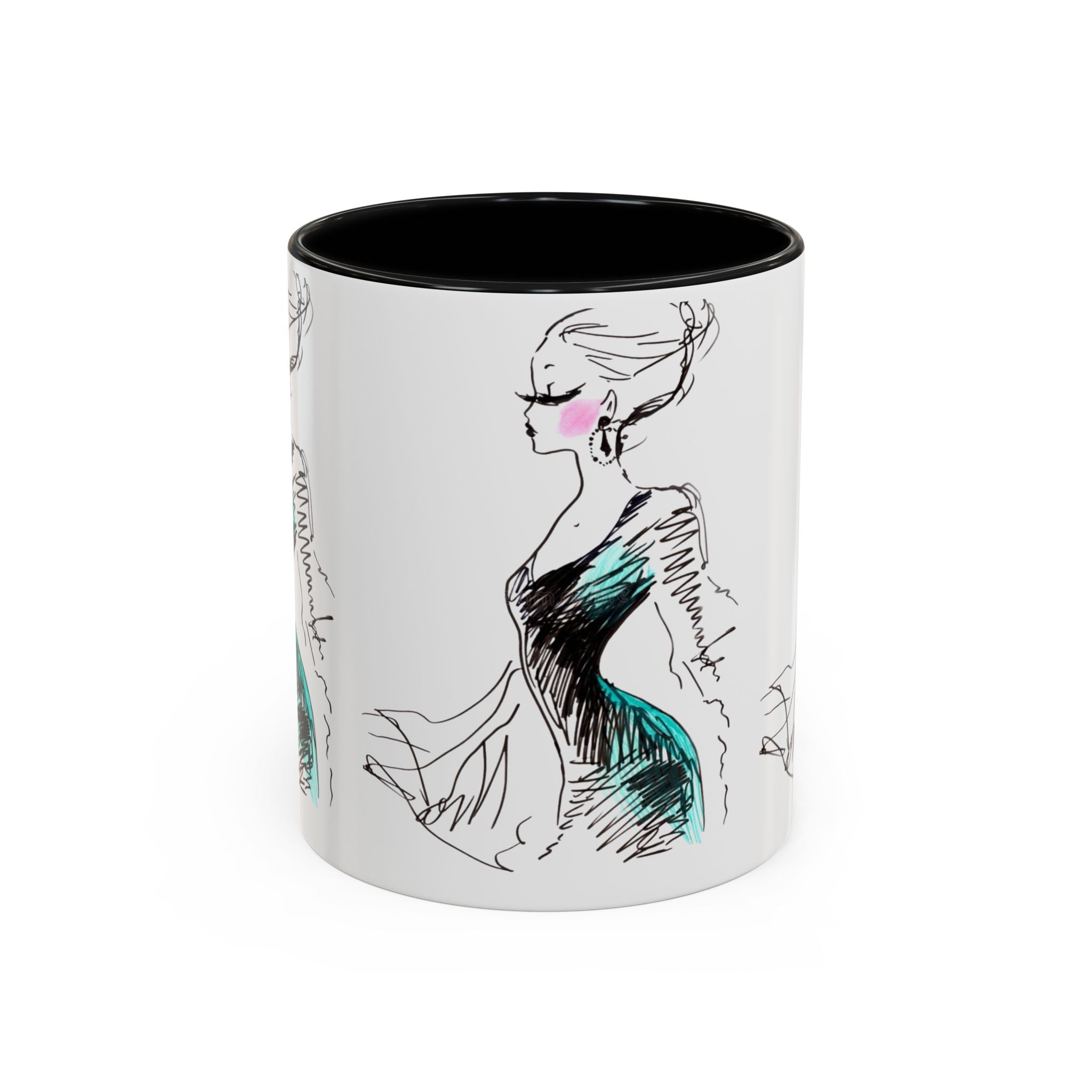 Fashion Sketch Accent Coffee Mug — Chic Hand-Drawn Dress Illustration (11/15 oz) - Creations by Chris and Carlos