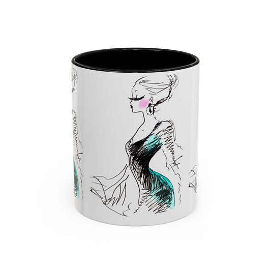 Fashion Sketch Accent Coffee Mug — Chic Hand-Drawn Dress Illustration (11/15 oz) - Creations by Chris and Carlos