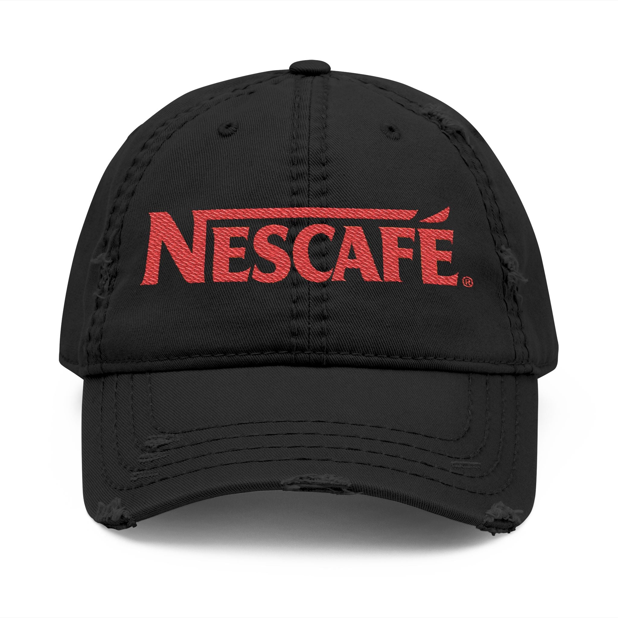 Nescafe Dad Hat — Distressed Embroidered Nescafé Logo - Creations by Chris and Carlos