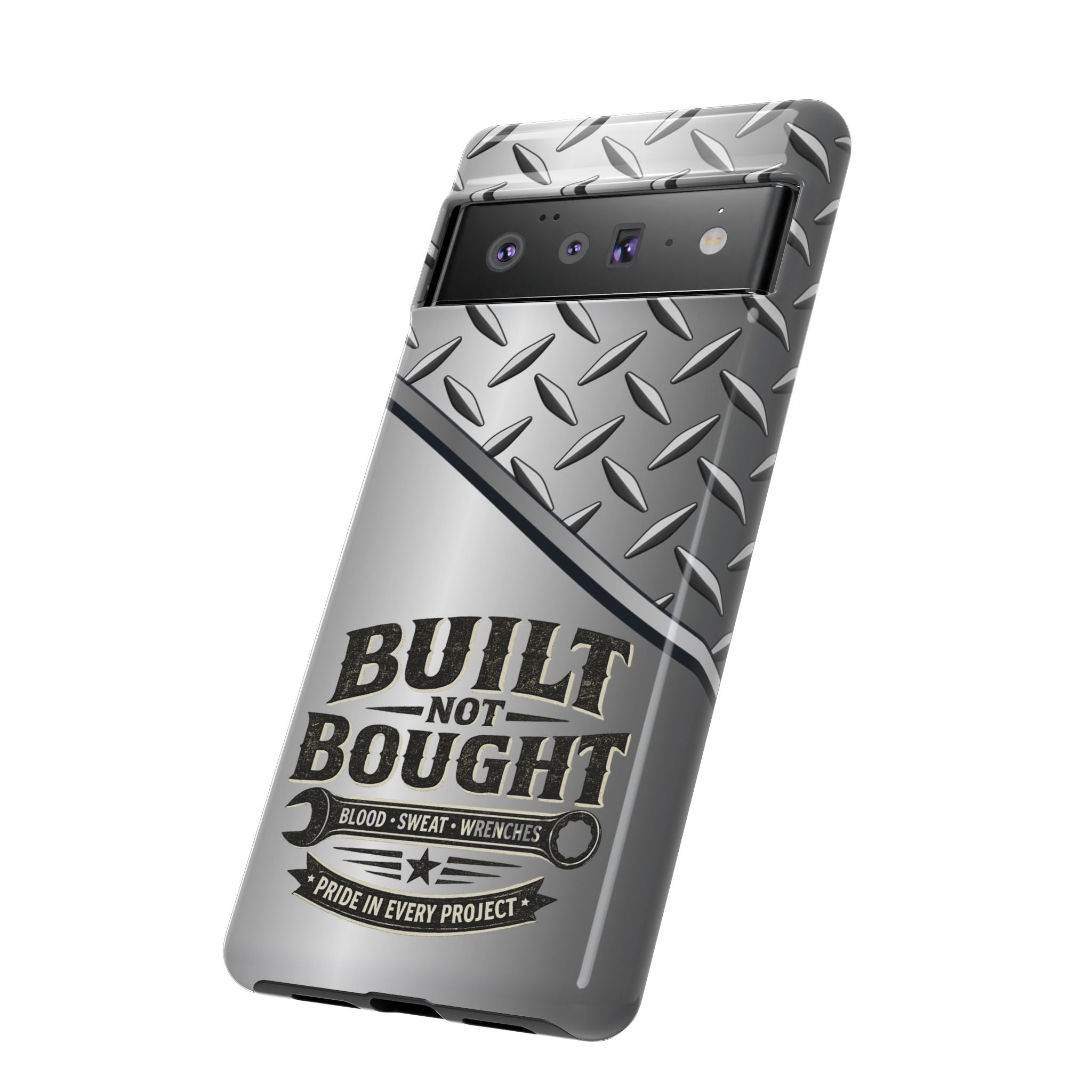 Built Not Bought Metal Diamond-Plate Phone Case — Rugged Tool Lover Gift - Creations by Chris and Carlos