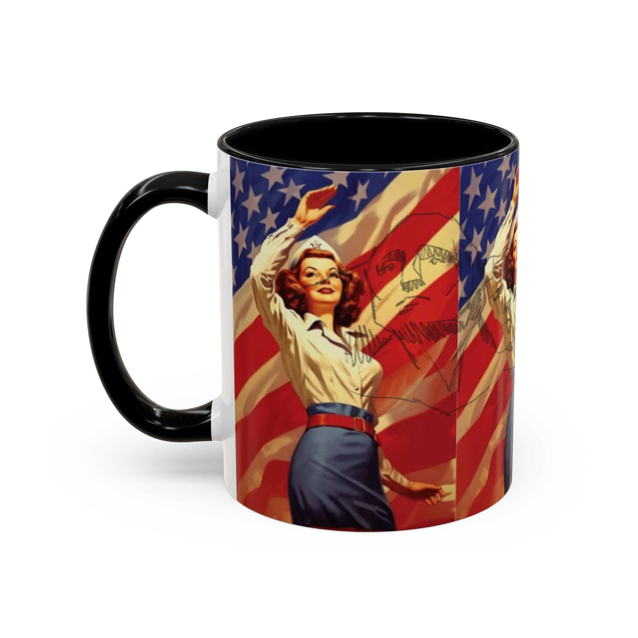 Patriotic Pin-Up Coffee Mug — Vintage American Flag Accent (11/15 oz) - Creations by Chris and Carlos