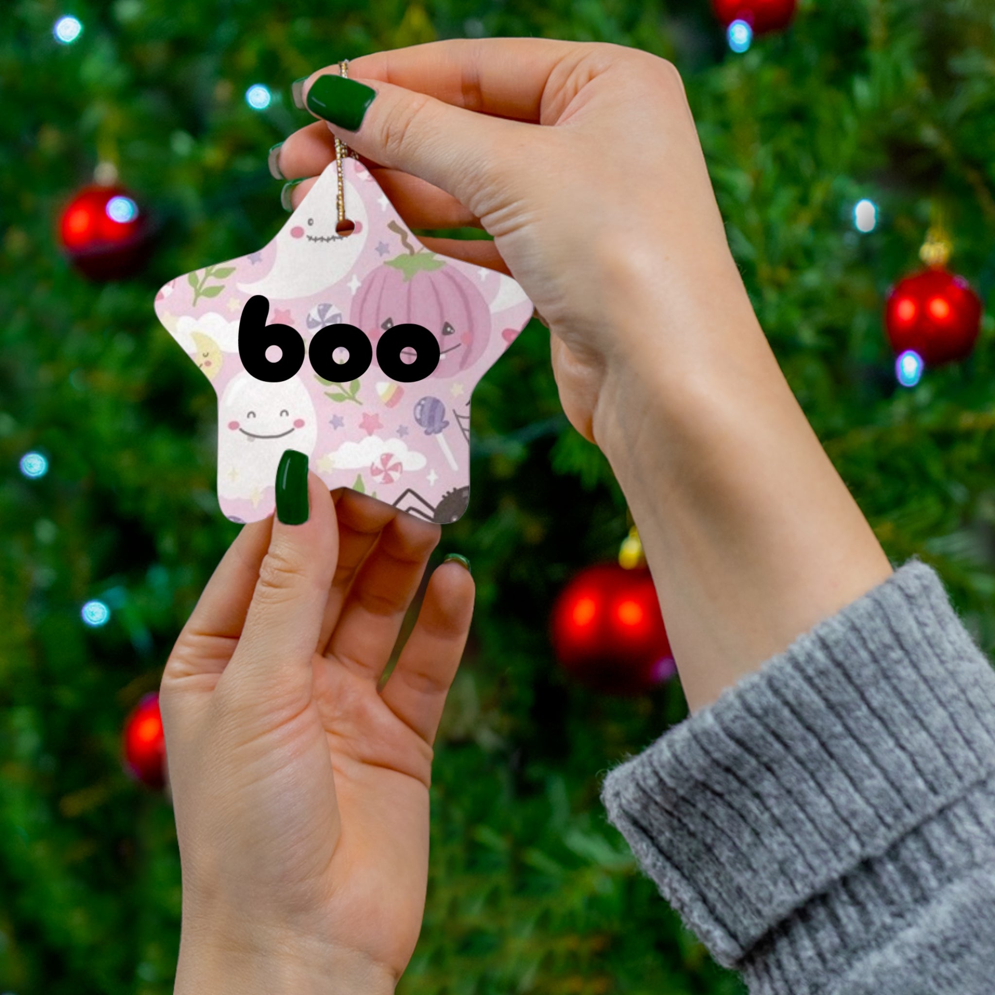 Halloween Pink Ghosts- boo Ceramic Ornament, 4 Shapes - Creations by Chris and Carlos